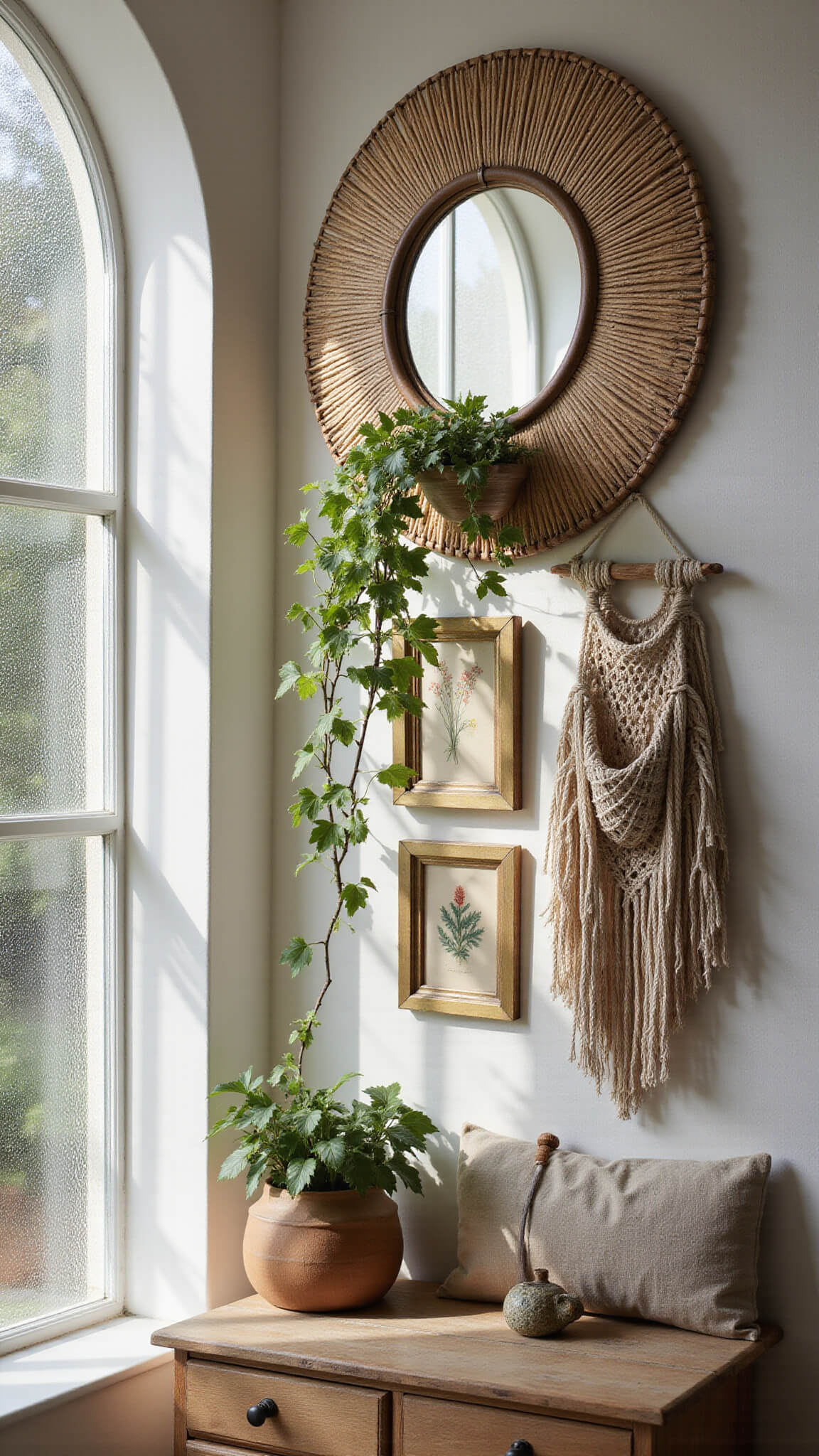 Bohemian wall decor with rattan mirror, vintage botanical prints, and macramé pocket with ivy, lit by morning light through textured glass window.