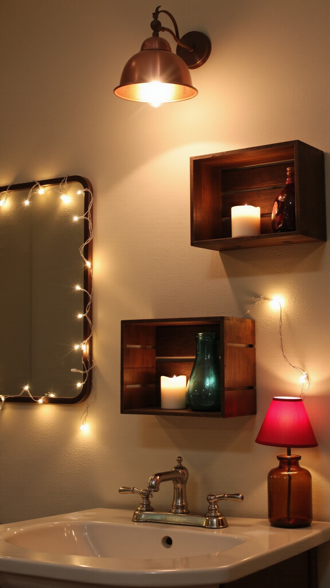 Dusk bathroom with layered lighting including copper pendant, LED candles, fairy lights around mirror, and amber-glass table lamp illuminating vintage wooden shelves.