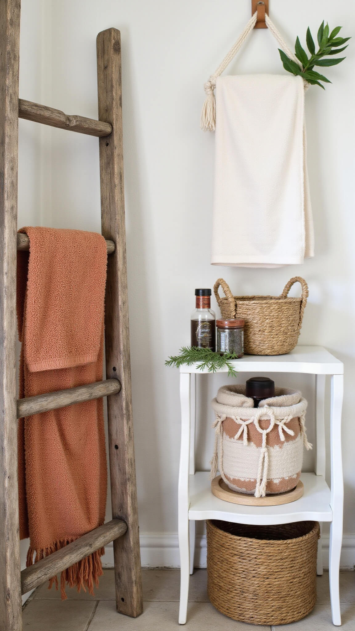 Close-up of boho bathroom storage with weathered wooden ladder as towel rack, macramé organizer holding rolled terracotta and cream towels, woven baskets for toiletries, and plants adding softness in morning light.