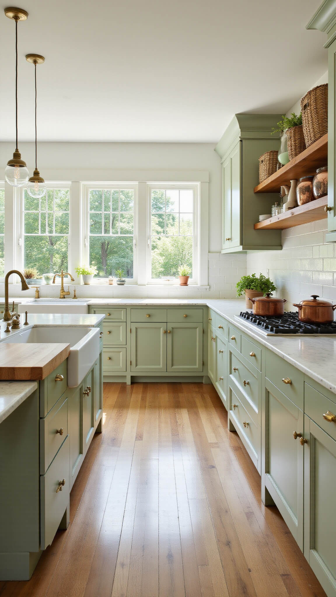 Sage green kitchen with brass hardware, marble countertops, and copper cookware, bathed in sunlight from west-facing windows.