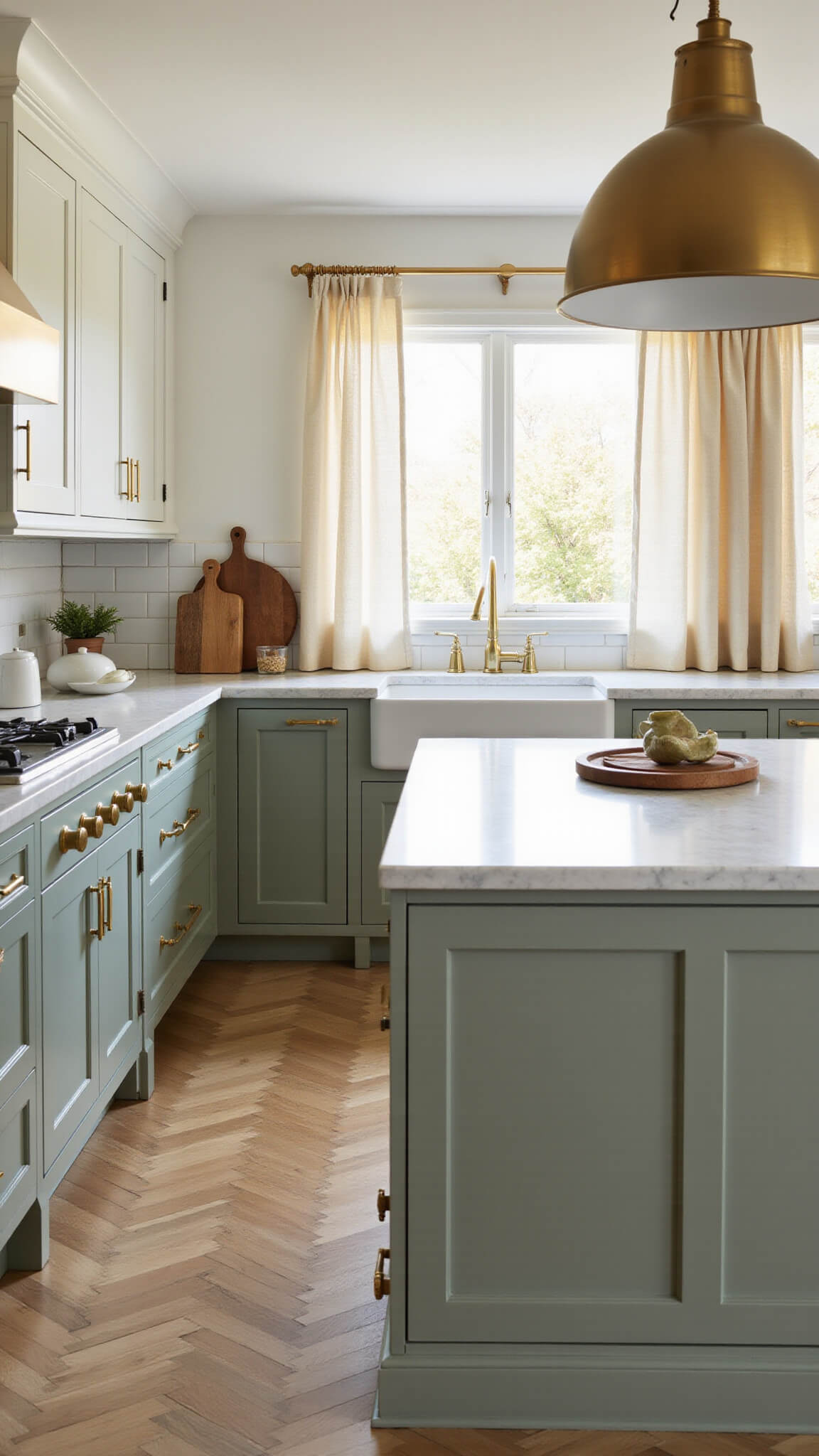 Modern transitional kitchen with sage green lower cabinets, warm white uppers, brass pendant lights, marble waterfall island, herringbone white oak floors, and golden hour light filtering through sheer curtains.