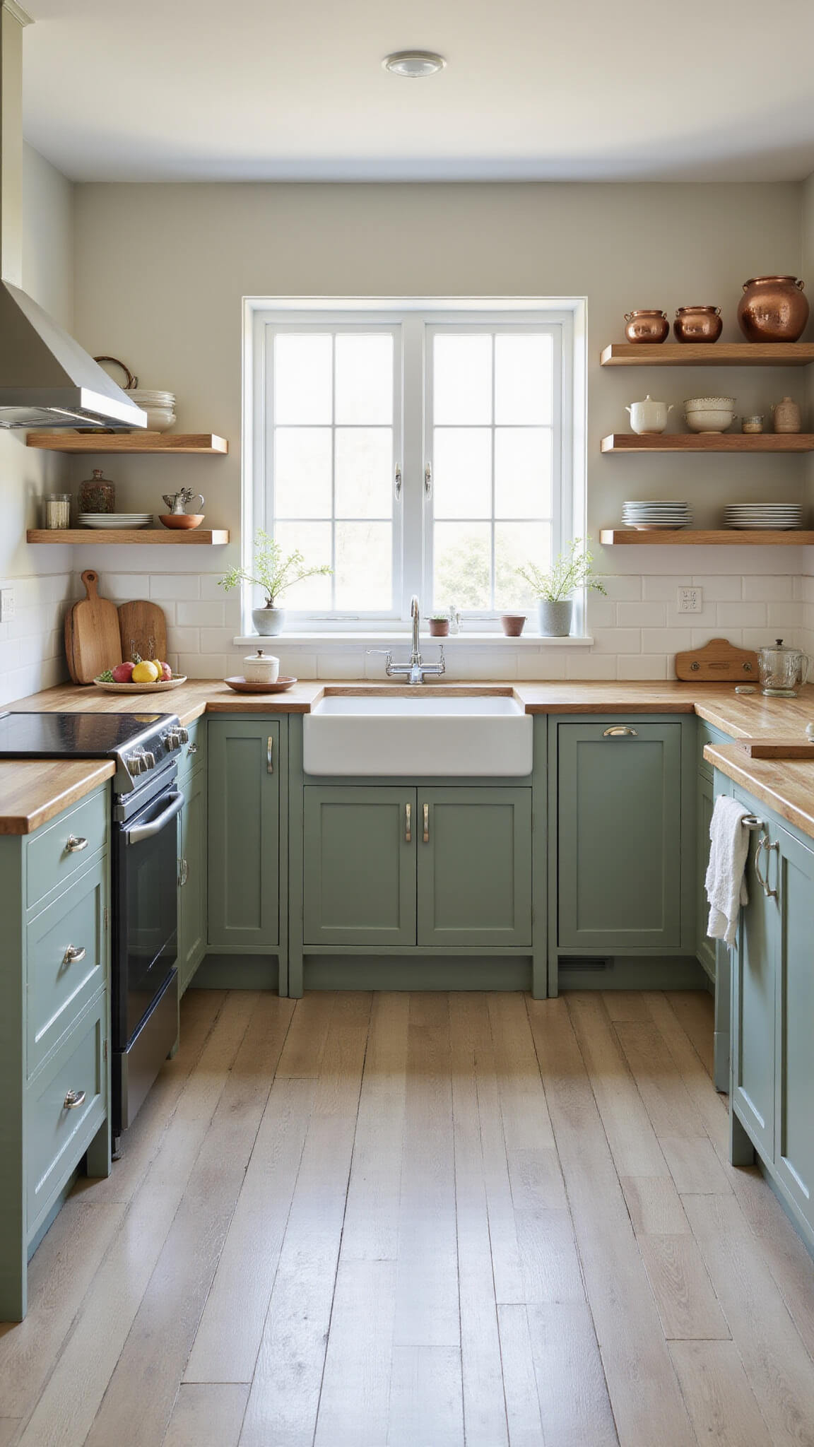 Small sage green kitchen at dawn with soft light, floor-to-ceiling cabinets, white oak shelves displaying pottery and copper, and a cozy, organic ambiance.