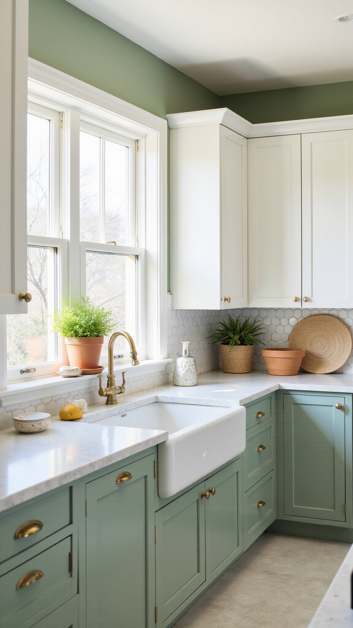 Sunlit 14x16ft kitchen with sage green shiplap walls, white upper cabinets, brass hardware, marble hex tile backsplash, and terracotta pots with herbs.