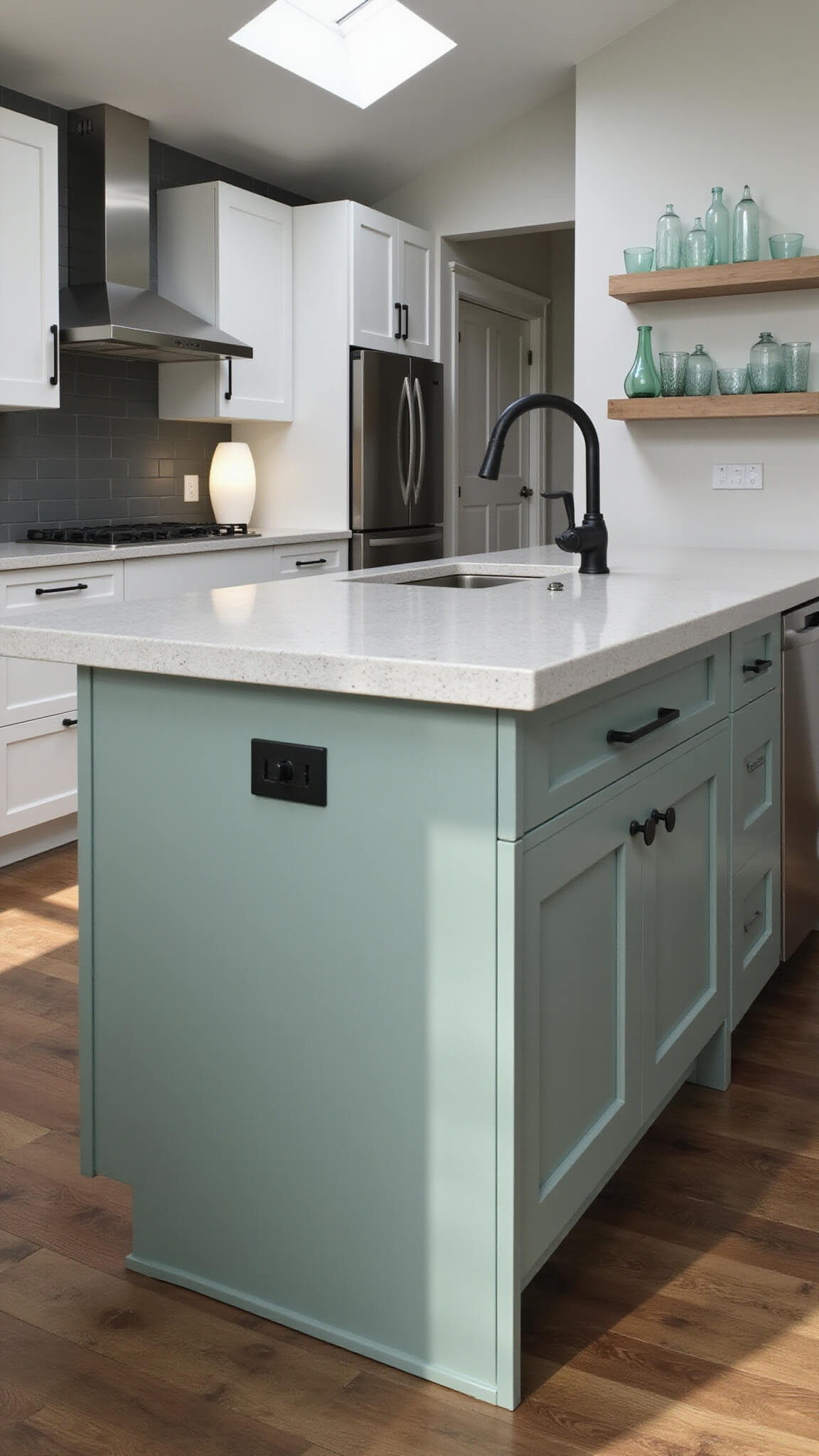 Aerial view of a contemporary 16x18ft open-concept kitchen featuring a sage green island with waterfall quartz countertops, matte black fixtures, floating shelves with vintage glassware, and moody morning light streaming through a skylight.