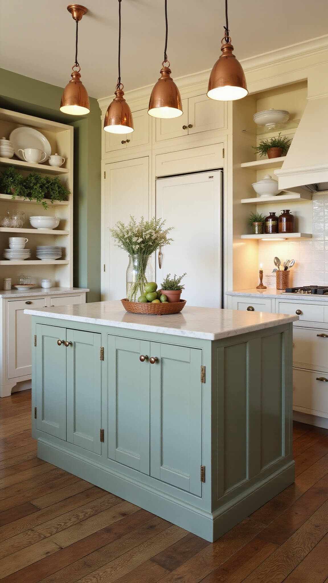 Cozy 11x13ft sage kitchen at golden hour with cream cabinets, sage green island, copper pendant lights, marble counters, open shelving with white ironstone and potted herbs, softly lit in romantic vintage style.