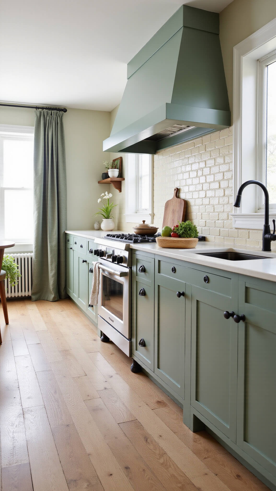 Modern farmhouse kitchen with sage green cabinets, black hardware, white oak floors, cream ceramic tile backsplash, and morning light filtering through cafe curtains.