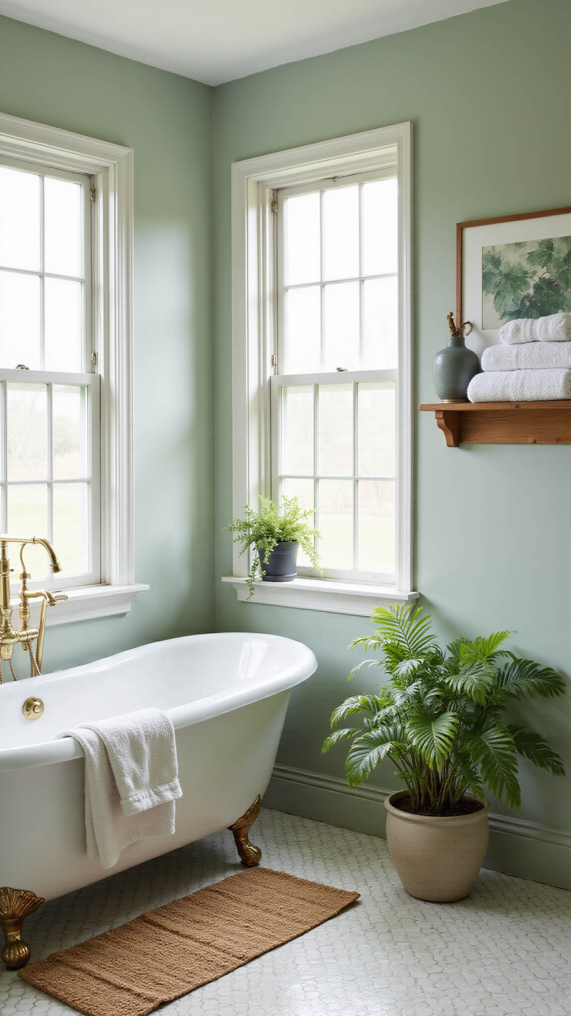 Bright sage green bathroom with clawfoot tub, brass fixtures, and natural light streaming through frosted window; white penny tile floor with green accents, oak shelf with towels, and potted plants enhance airy atmosphere.