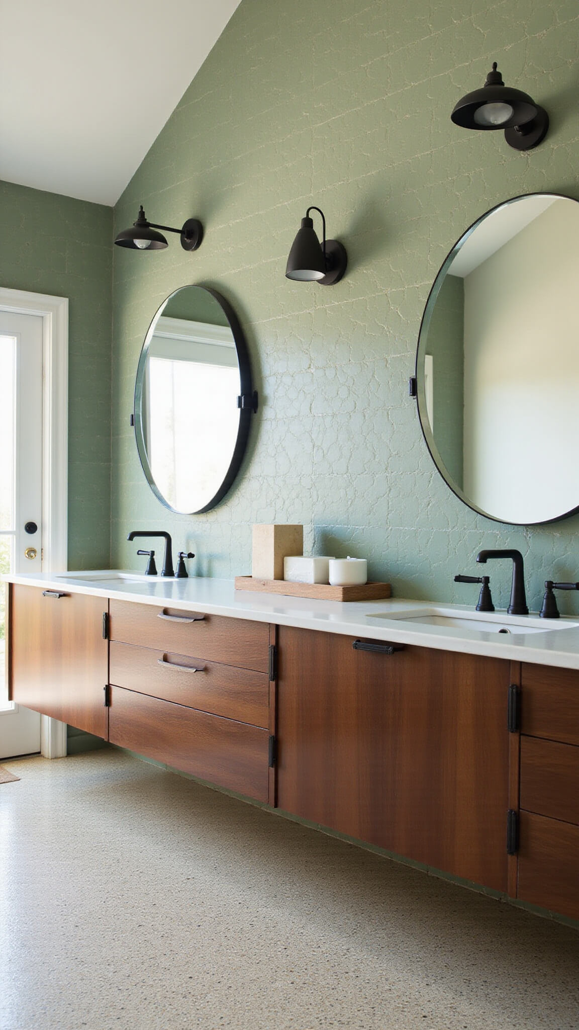 Mid-century modern master bathroom with sage green zellige tile wall, custom walnut double vanity, terrazzo flooring, and round mirrors under vaulted ceiling.
