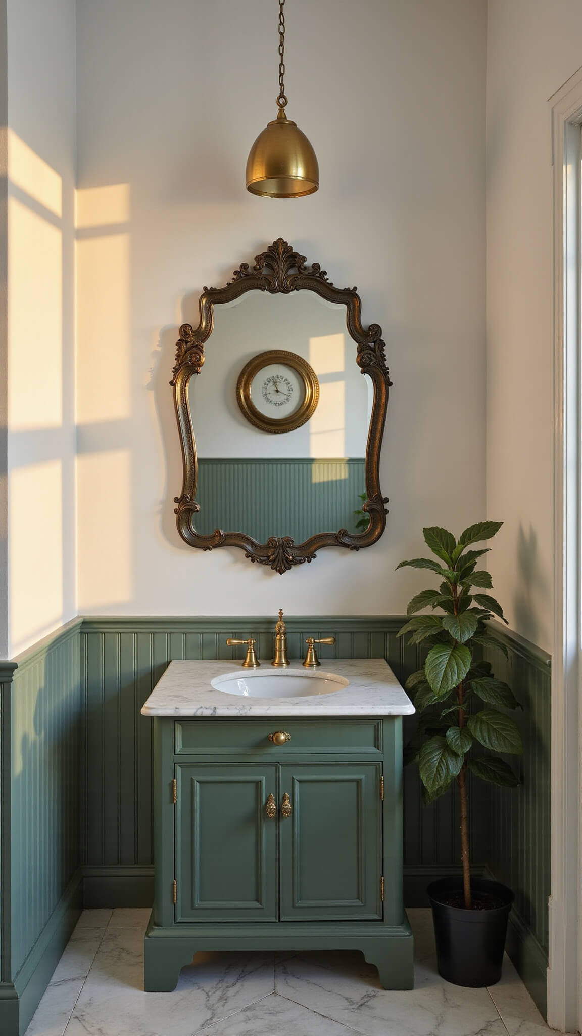 Overhead view of a moody powder room with sage green beadboard, white upper walls, ornate brass mirror, dark sage vanity with marble top, fiddle leaf fig, and herringbone marble floor.