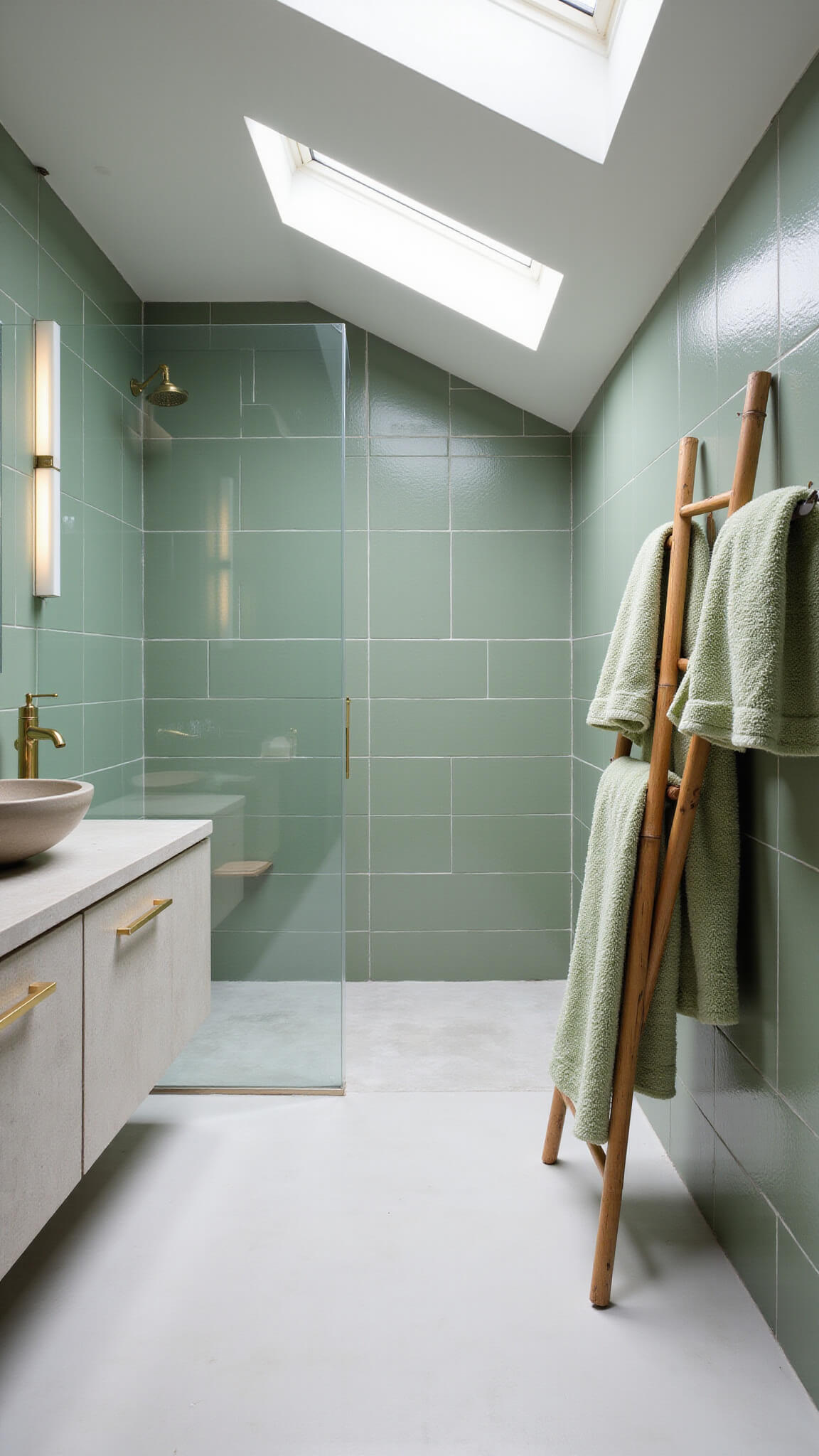 Contemporary spa-style bathroom with sage green subway tile shower, floating concrete vanity, vessel sink, brass faucet, and bamboo towel ladder under natural skylight.
