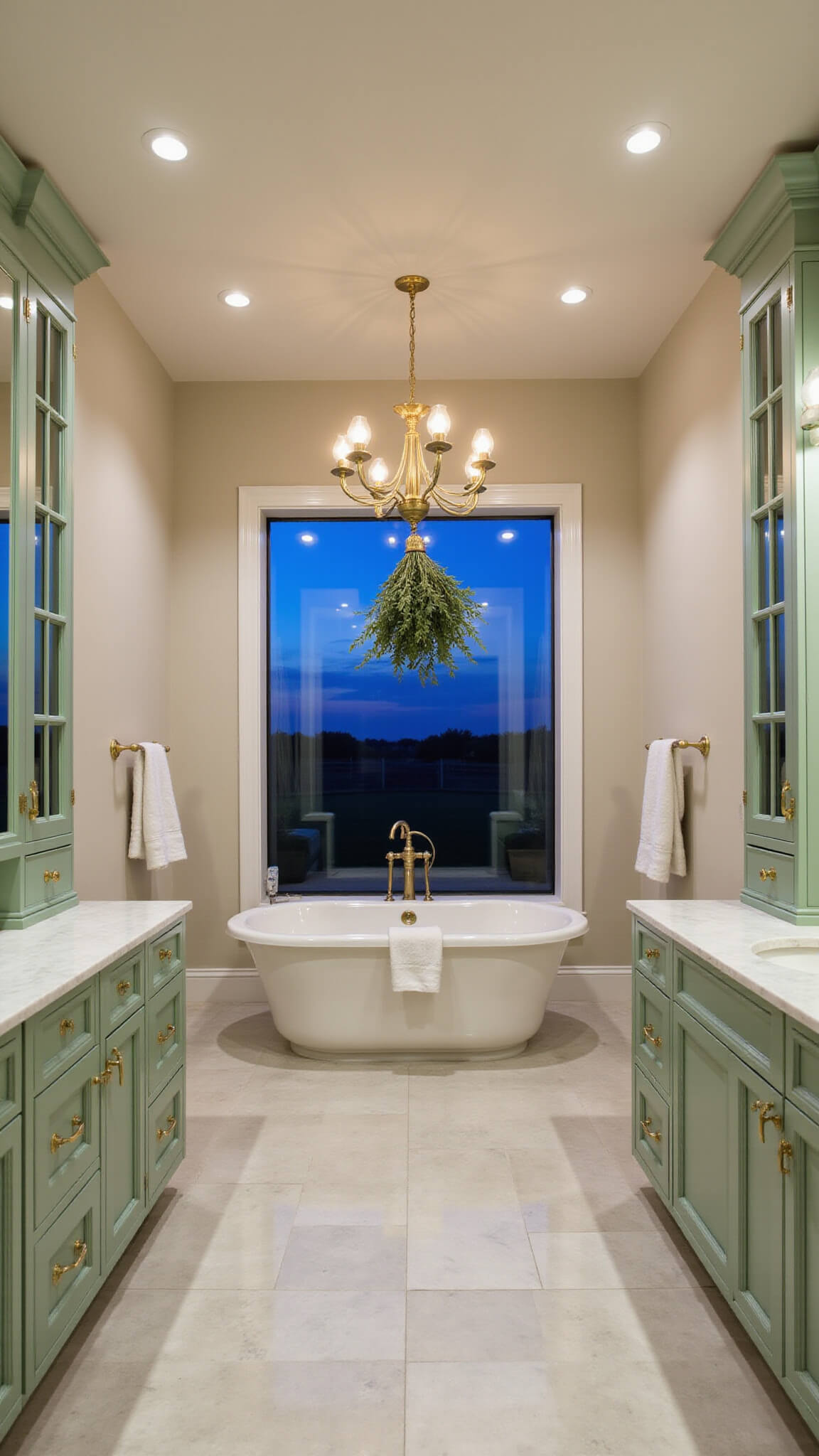 Luxurious master bathroom with sage green cabinetry, Carrara marble surfaces, brass chandelier lighting, and eucalyptus bundles in shower, viewed from soaking tub during blue hour.