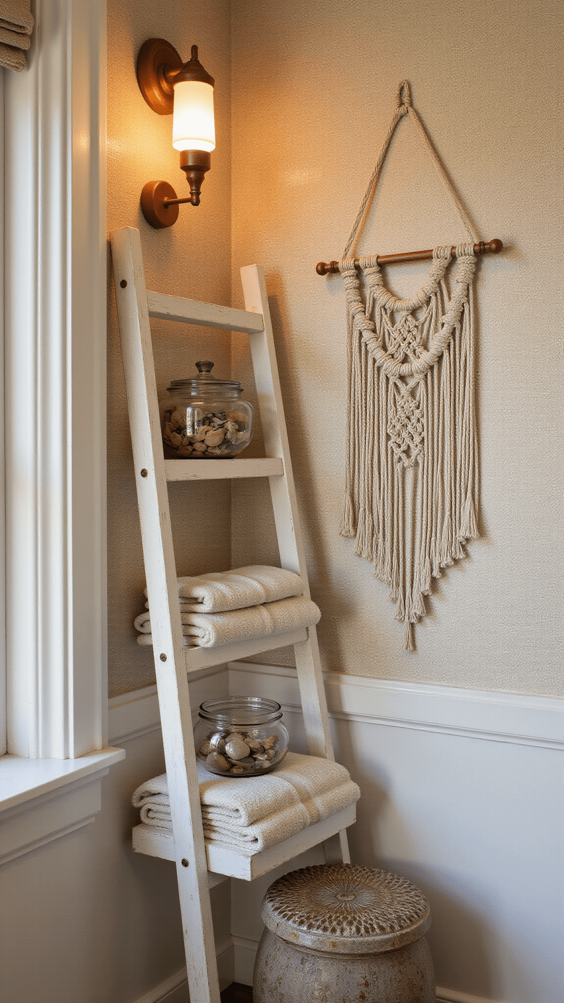 Coastal bathroom nook with vintage white ladder shelf, Turkish towels, shell-filled glass jars, beige grasscloth wallpaper, copper sconces, macramé wall hanging, and ceramic garden stool at dusk.