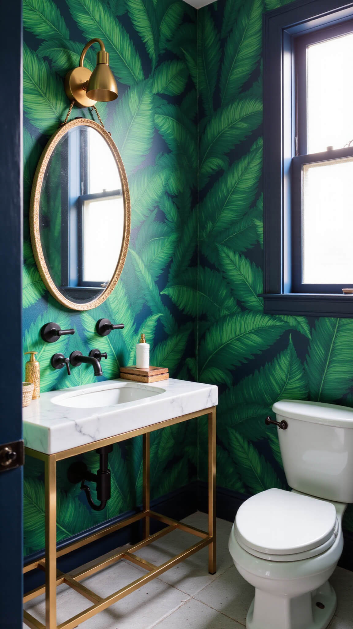 Compact 5x7ft powder room with bold tropical banana leaf wallpaper, brass floating vanity, round gilt mirror, and dappled sunlight from a frosted window.