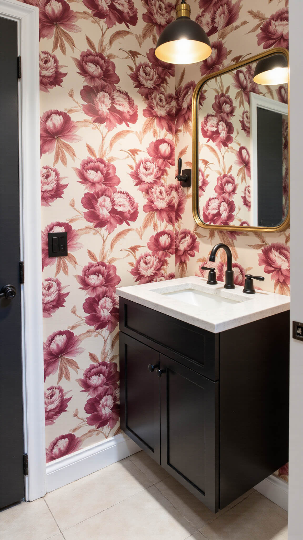 Narrow 3x8ft powder room with bold burgundy and cream peony wallpaper, matte black floating vanity with quartz top, dramatic overhead pendant, vintage brass mirror, and industrial matte black fixtures.