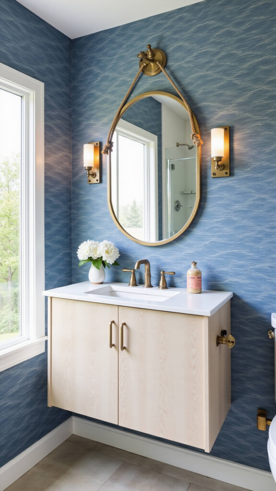 Cozy 4x7ft bathroom with oceanic blue and silver wave wallpaper, white oak floating vanity, brass fixtures, and rope accents in soft afternoon light.
