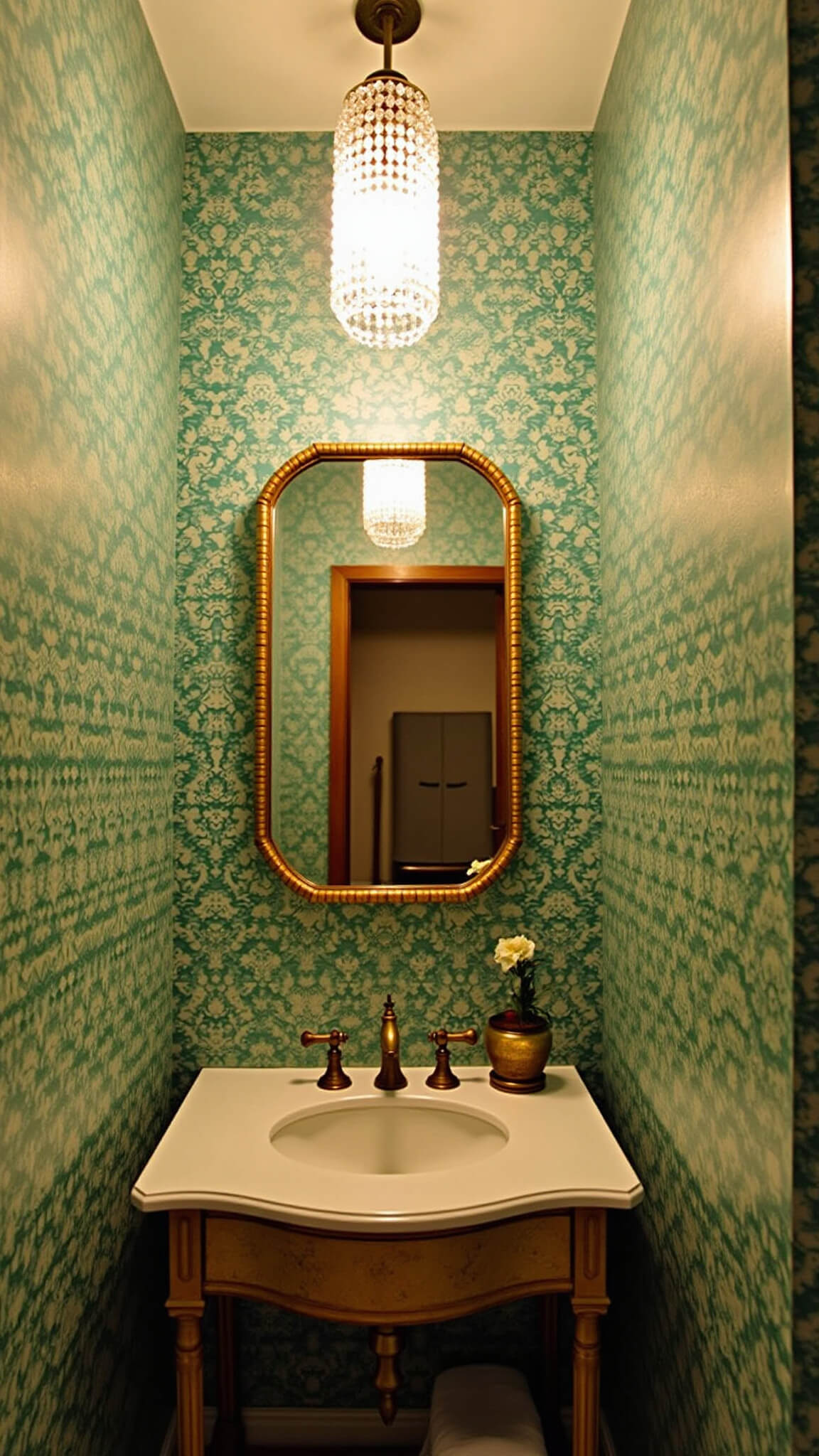 Bird's eye view of a petite 3x6ft powder room with jade green and gold chinoiserie wallpaper, crystal chandelier, antique gold leaf console vanity, aged brass fixtures, and bamboo accessories.