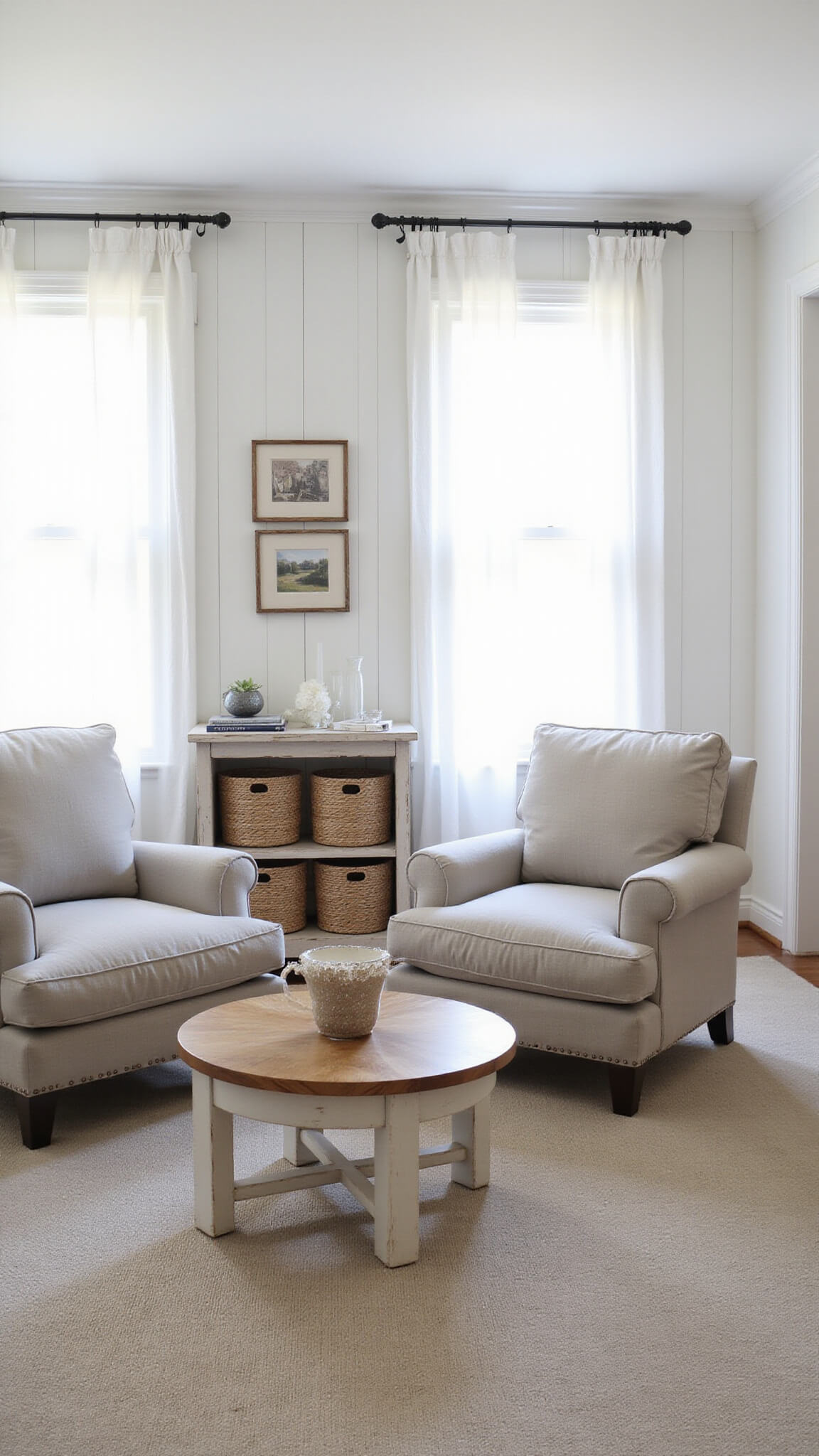 Intimate modern farmhouse sitting area with greige linen armchairs and whitewashed oak table in soft morning light.