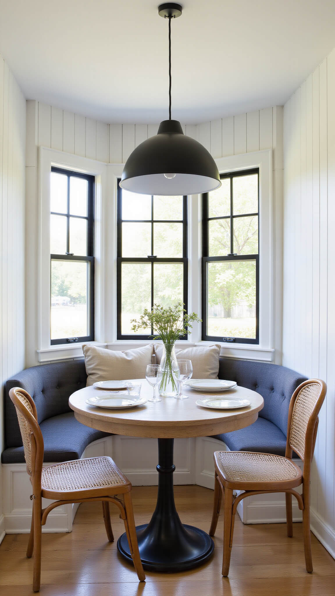 Bright breakfast nook with black-framed windows, round bleached oak table, charcoal window seat, vintage cane chairs, and dramatic pendant lighting.