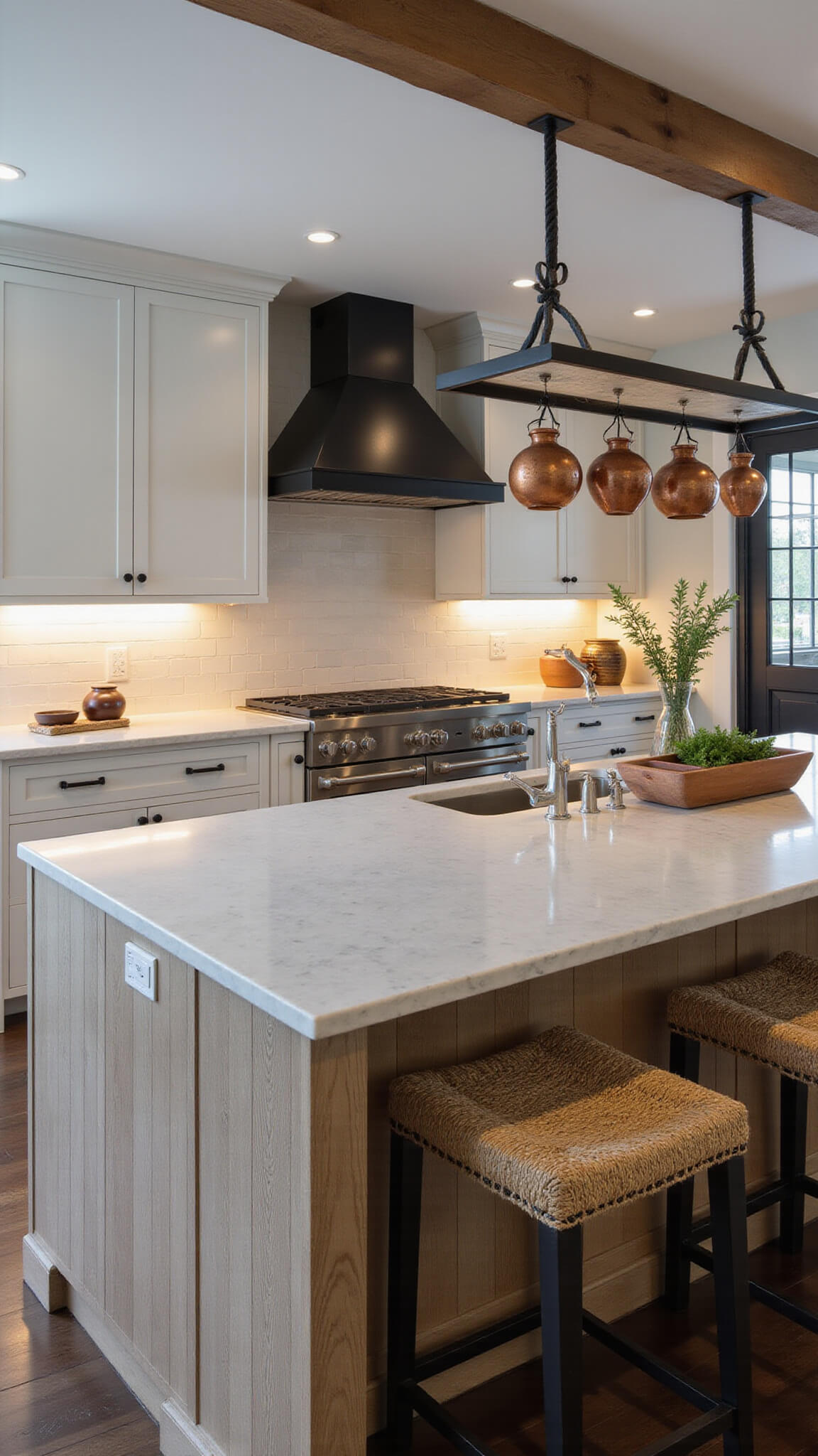 Modern farmhouse kitchen with white Shaker cabinets, black hardware, weathered wood island, rope barstools, copper pots, and warm undercabinet lighting at twilight.