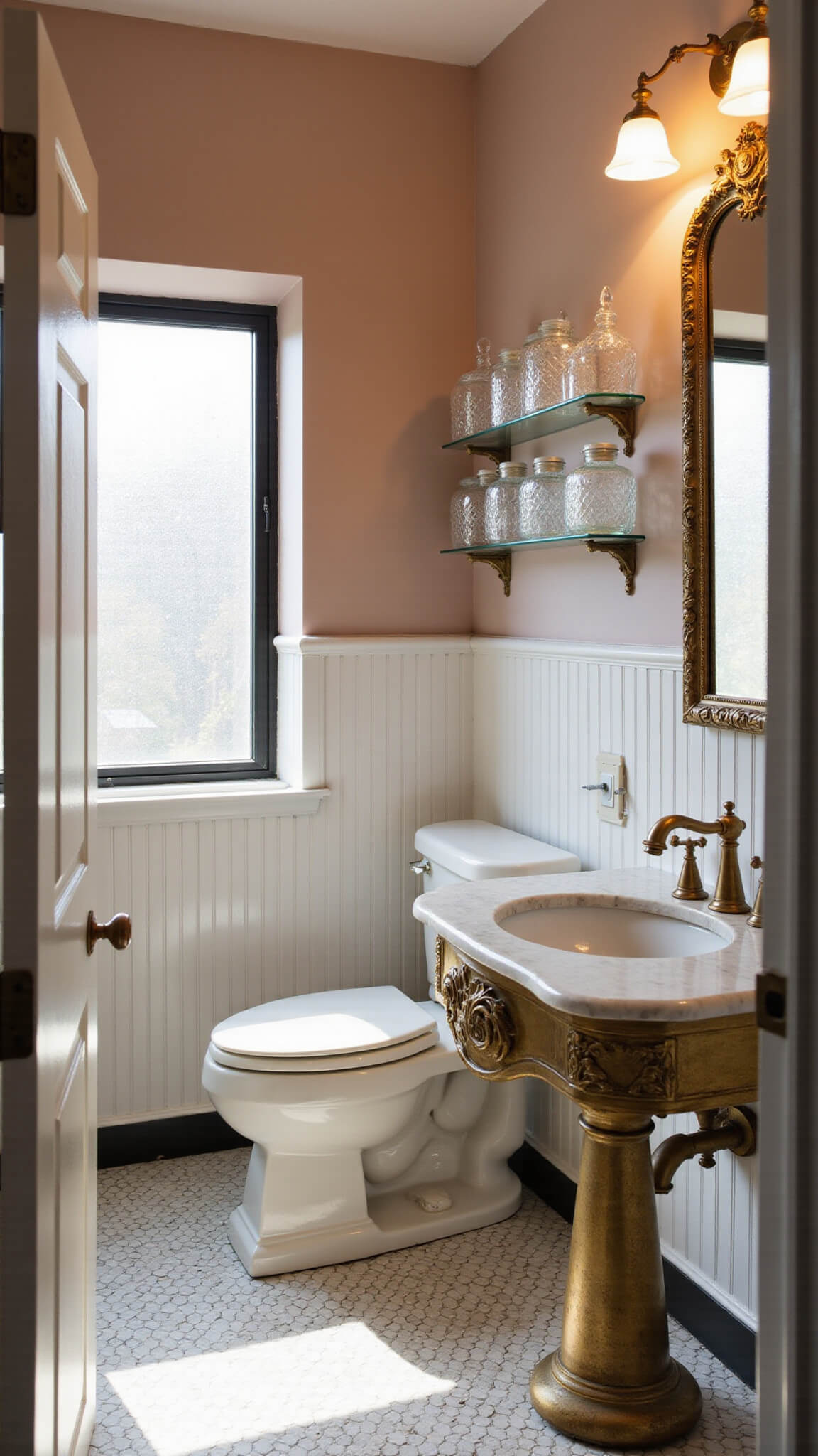 Romantic 1920s-style powder room with brass vanity, marble top, blush walls, and hex tile floor, bathed in morning sunlight.