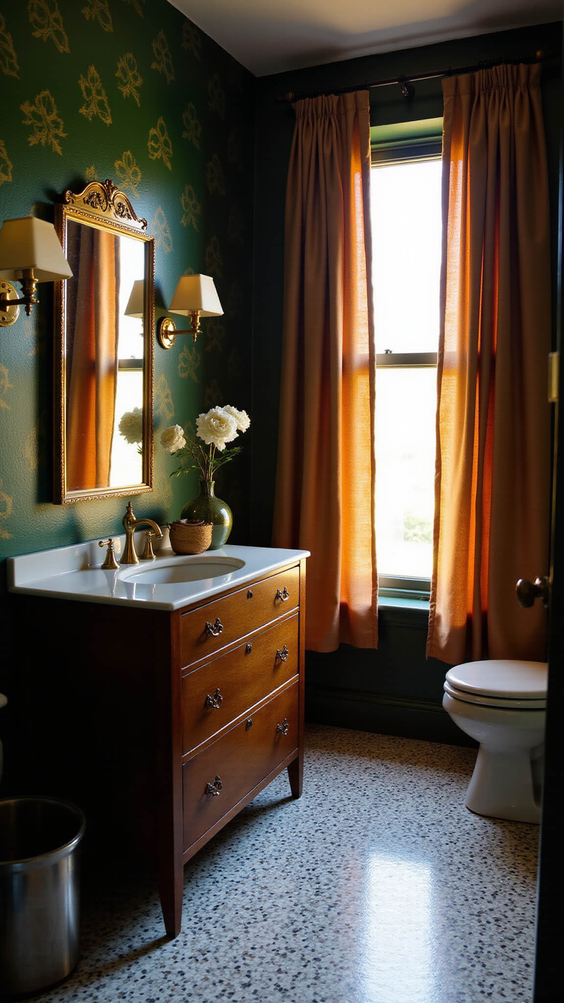 Art Deco bathroom with jade green wallpaper, black and white penny tiles, a mahogany vanity, and brass accents bathed in golden hour light.