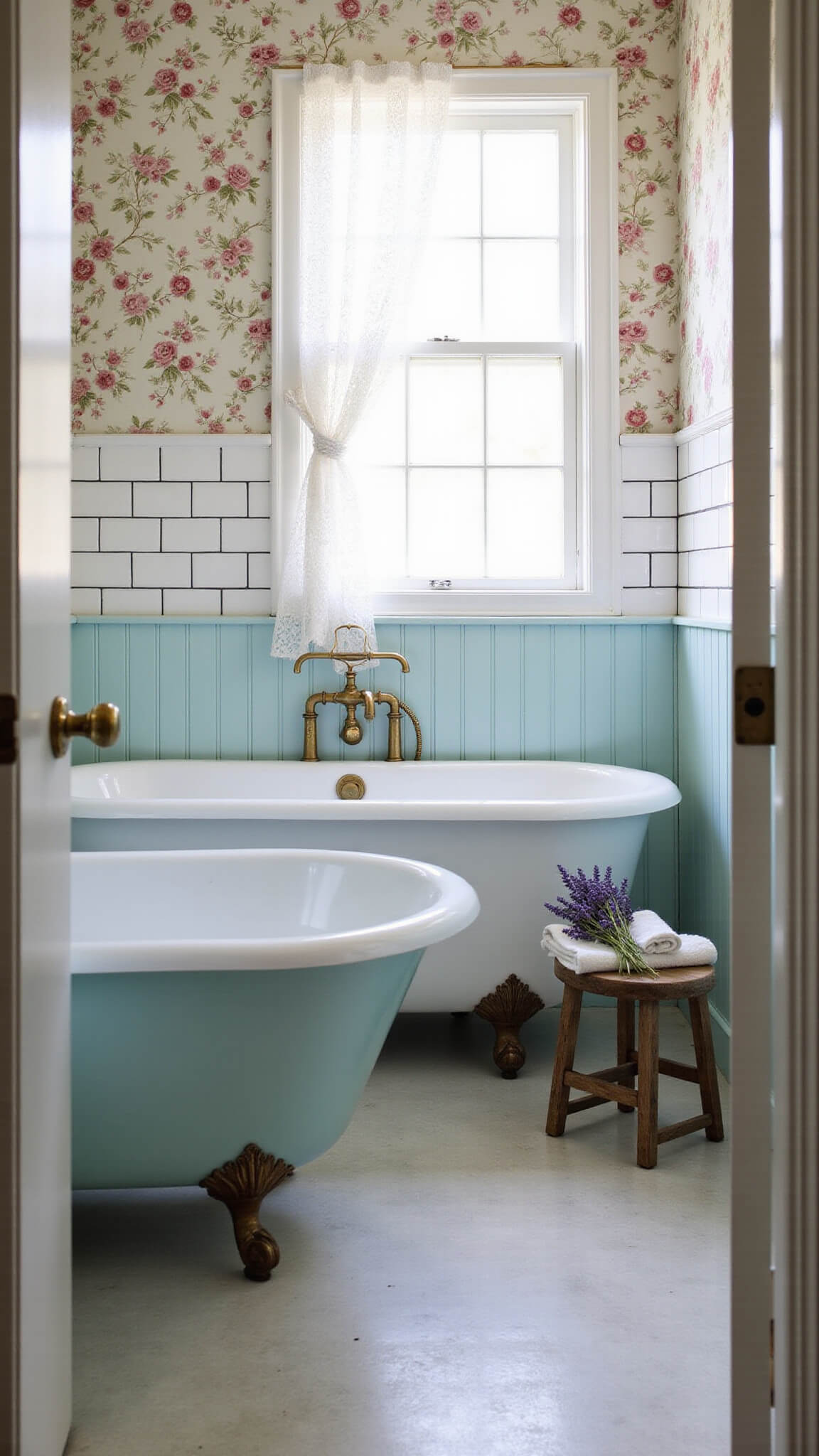 Cottage-style bathroom with clawfoot tub, white subway tiles, pale blue beadboard, floral wallpaper, and soft natural light through lace curtains.