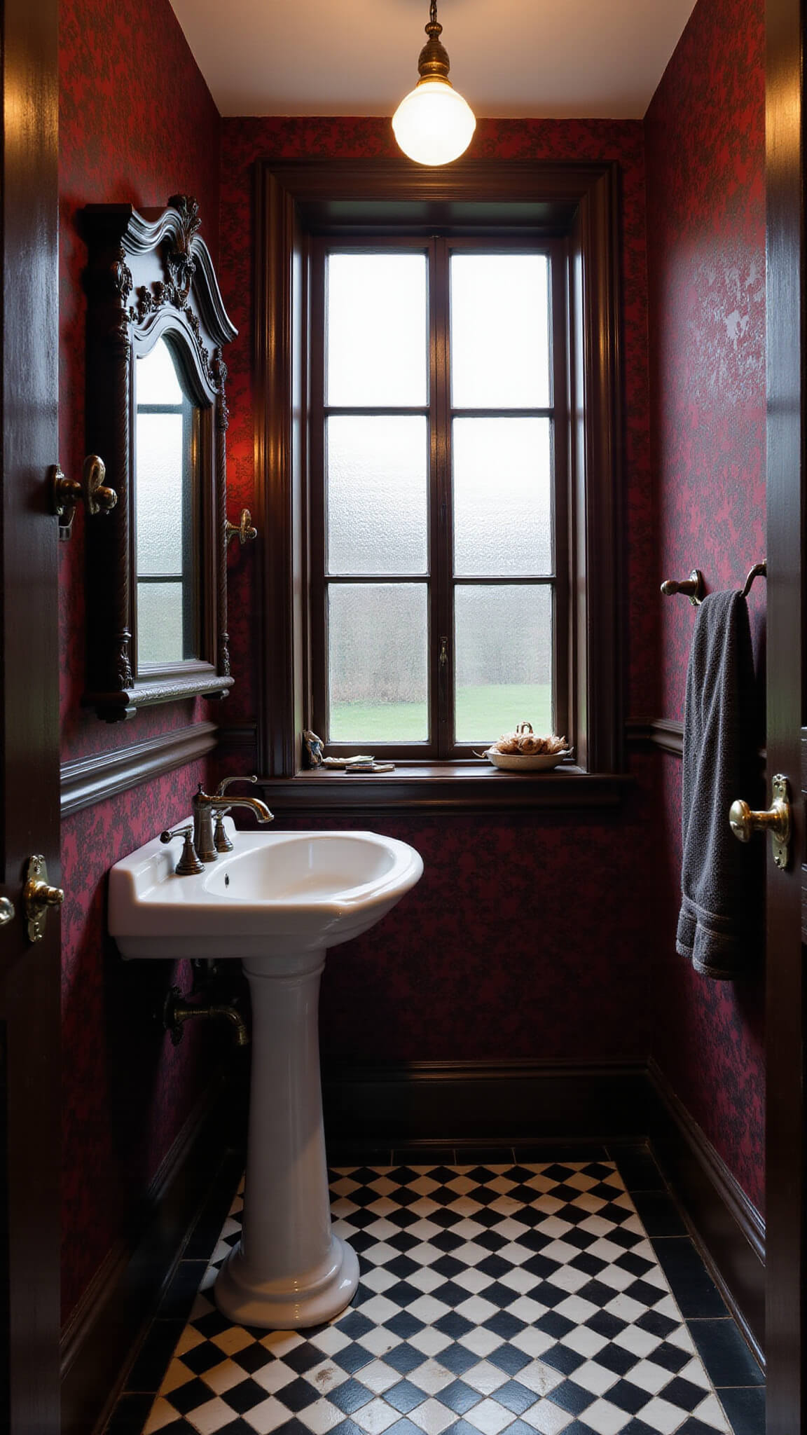 Victorian-style washroom with pedestal sink under frosted window, burgundy damask wallpaper, black and white diamond tile floor, vintage pendant light, and dark wood accents.