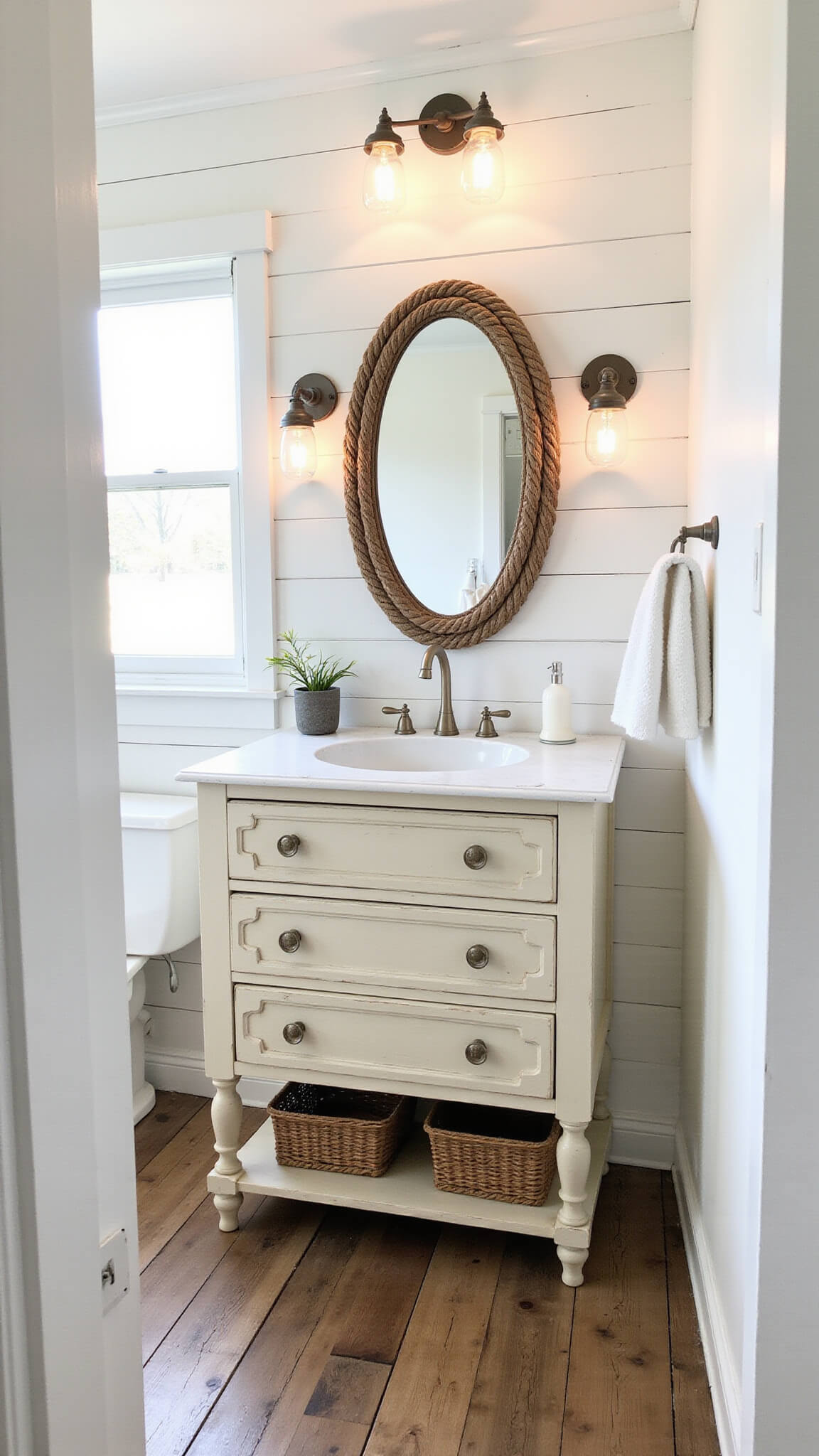 Rustic farmhouse bathroom with white shiplap walls, vintage cream dresser vanity, mason jar sconces, oval mirror with rope detail, woven baskets, and reclaimed wood floors in natural morning light.