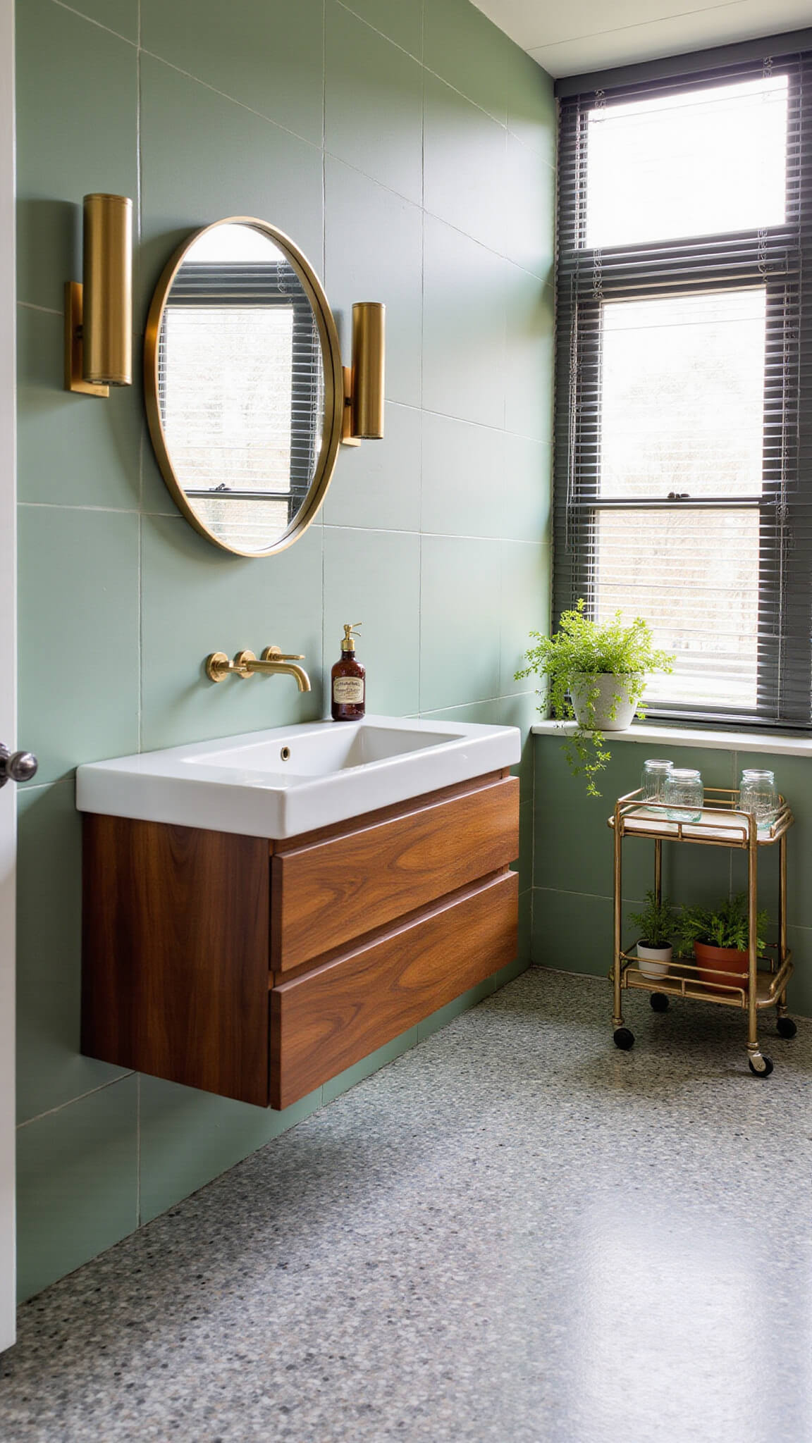 Mid-century modern bathroom with geometric floor tiles, floating walnut vanity, brass mirror, sage green tile wall, and vintage bar cart.