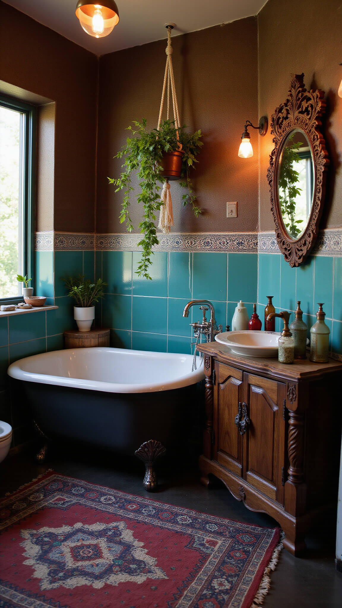 Bohemian vintage bathroom with matte black clawfoot tub, macramé plant holder, turquoise and copper Moroccan tile wall, carved wooden vanity, string lights, and
</p></noscript>
<div class=