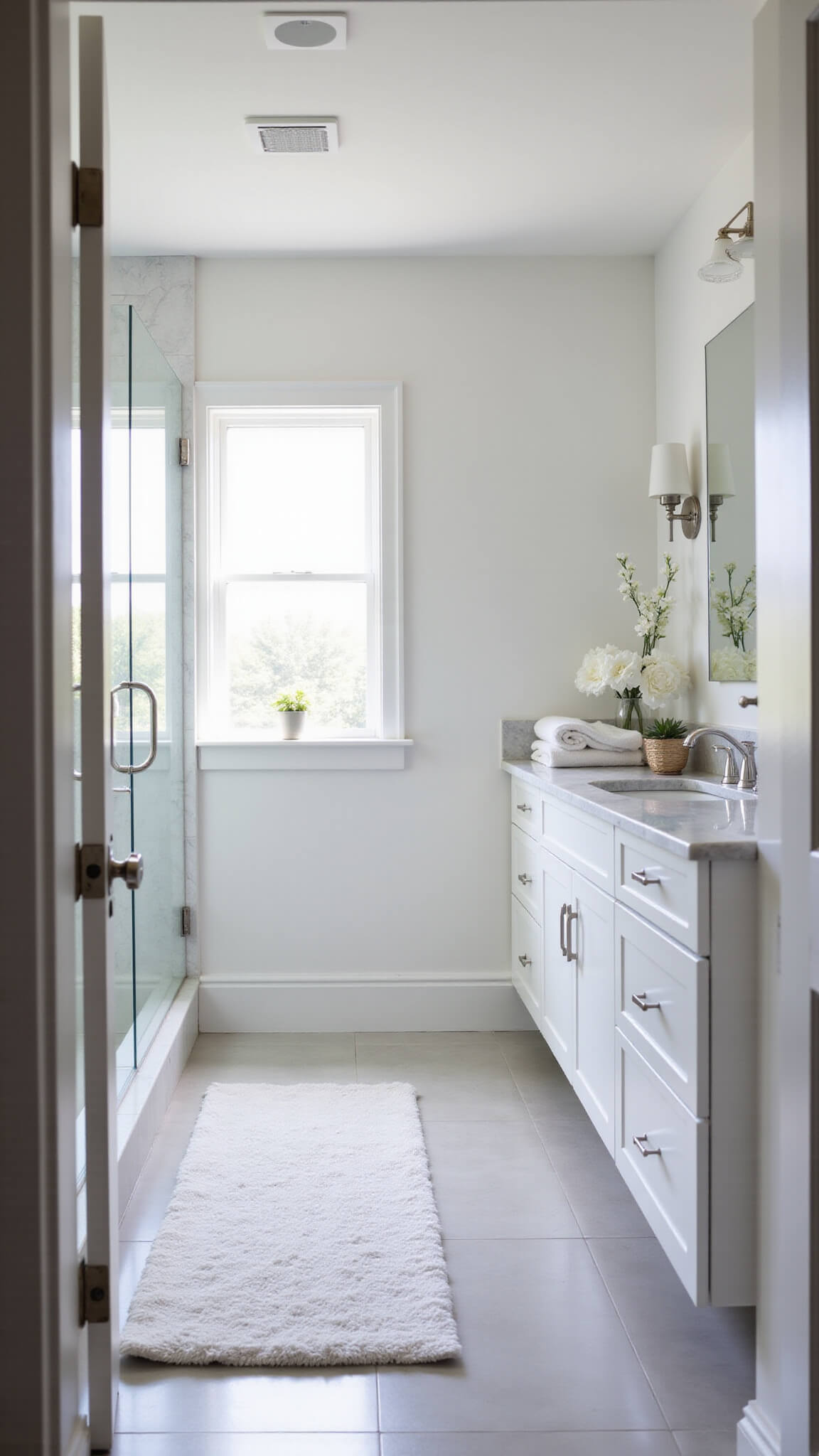 Modern neutral 6x8 bathroom with White Dove walls, floating marble vanity, frameless mirror, glass shower, and chrome fixtures in soft natural light.