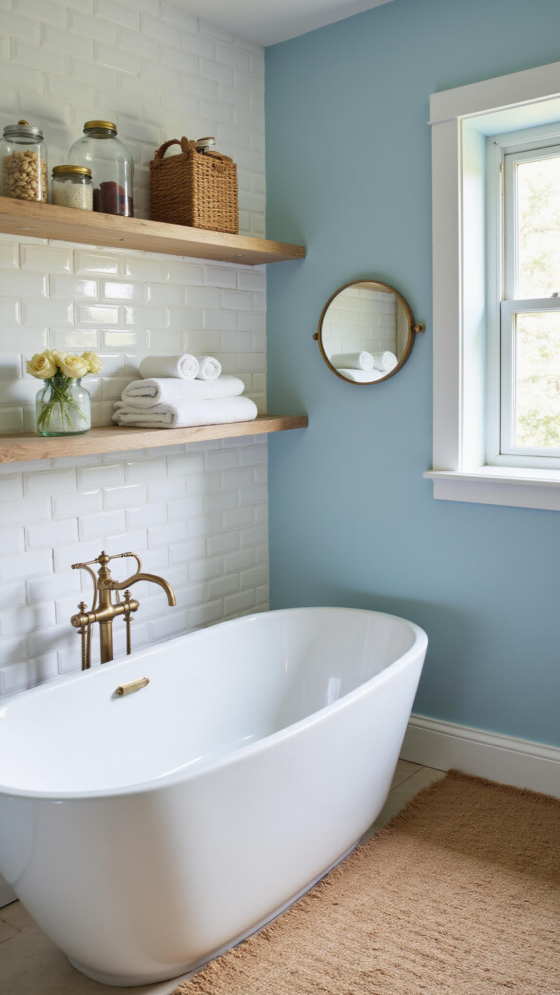 Small spa-like bathroom with Palladian Blue walls, white freestanding tub, brass mirror, oak shelves, and jute rug in soft natural light.