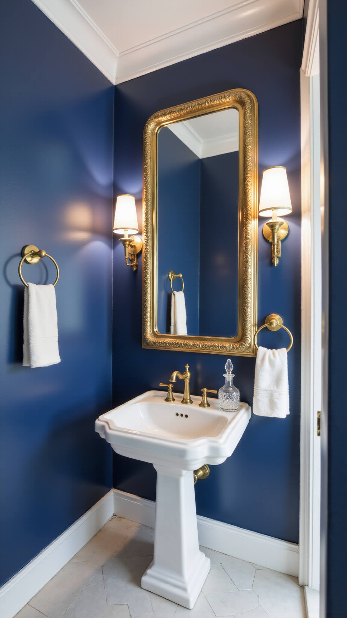 Dramatic jewel-toned powder room with Hague Blue walls, white trim, brass sconces, gilded mirror, marble hex tile floor, and art deco accents.
