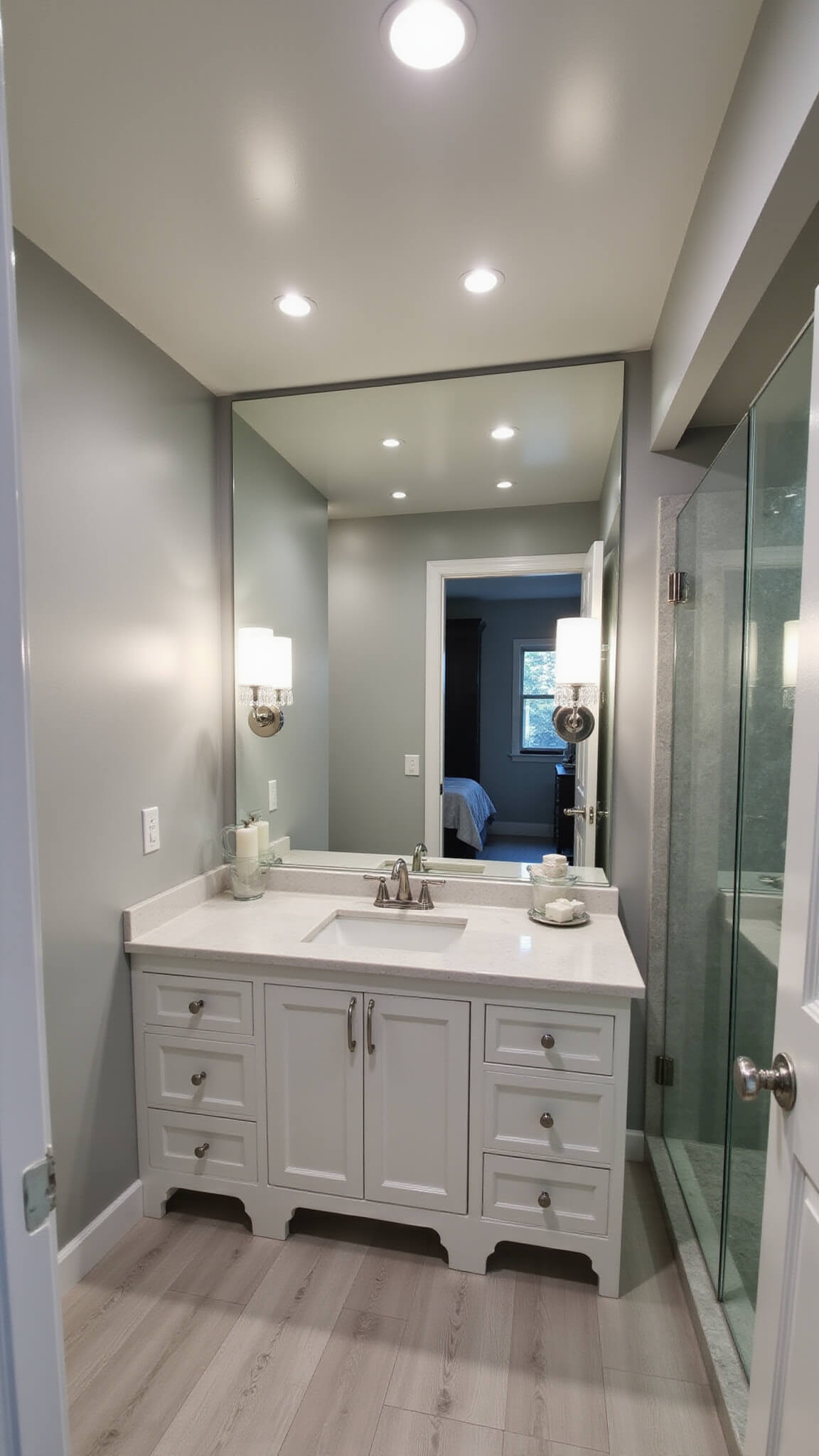 Small windowless bathroom with Boothbay Gray walls and glossy ceiling, featuring LED lighting, large backlit mirror, glass shower door, and reflective iridescent tiles to enhance brightness.
