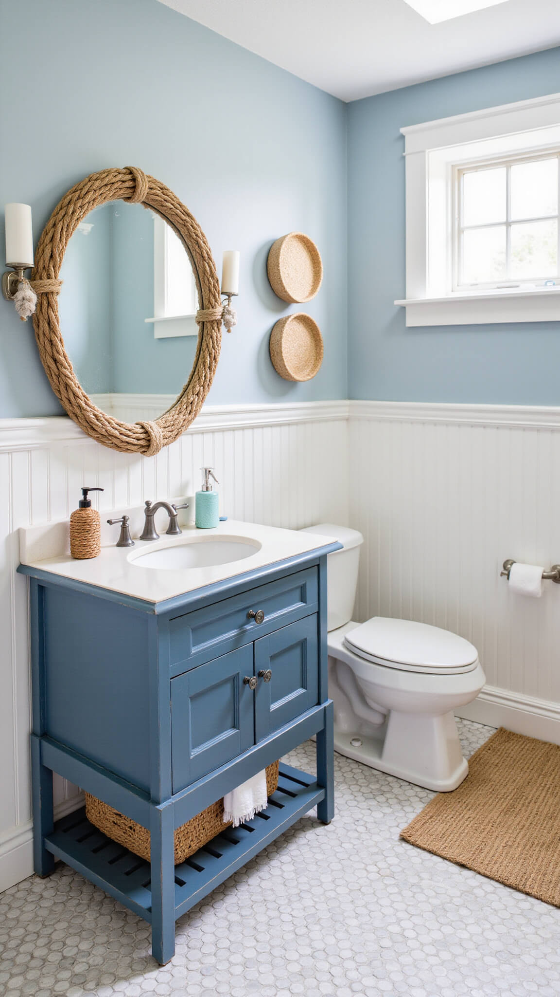 Coastal-themed small bathroom with Seaside Villa walls, white beadboard wainscoting, blue vanity, rope mirror, penny tile floor, and seagrass accents.