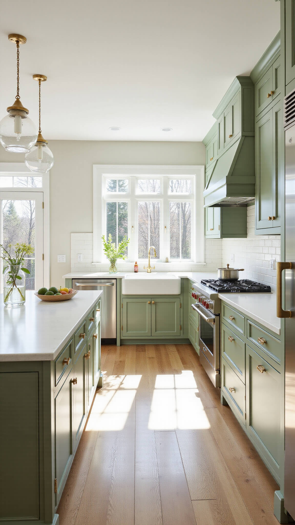 Bright kitchen with sage green Shaker cabinets, white quartz countertops, brass hardware, and wide-plank oak floors, bathed in morning sunlight.