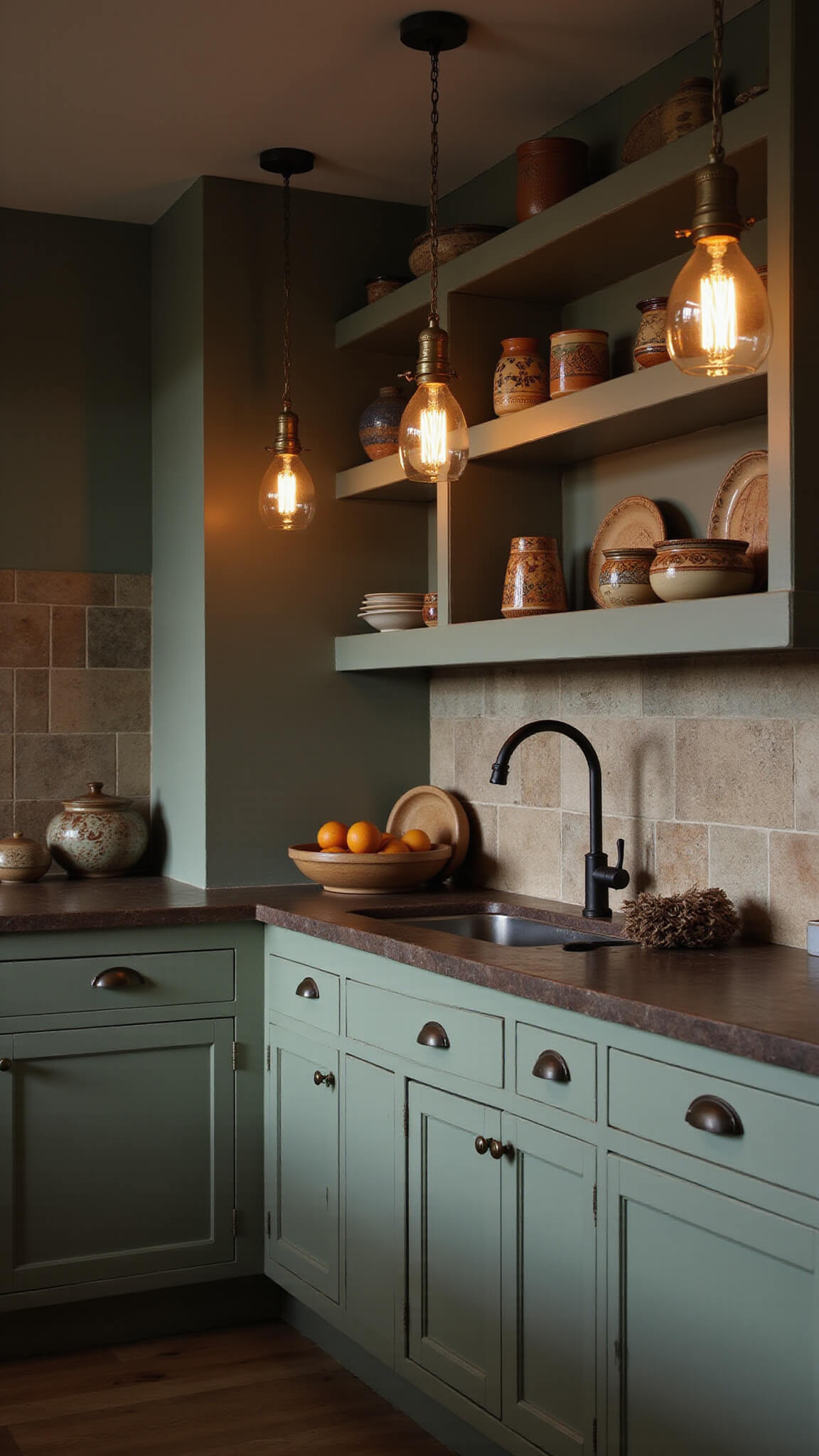 Moody evening kitchen with sage green cabinets, soapstone countertops, pendant lighting, open shelves with pottery, and ceramic tile backsplash.