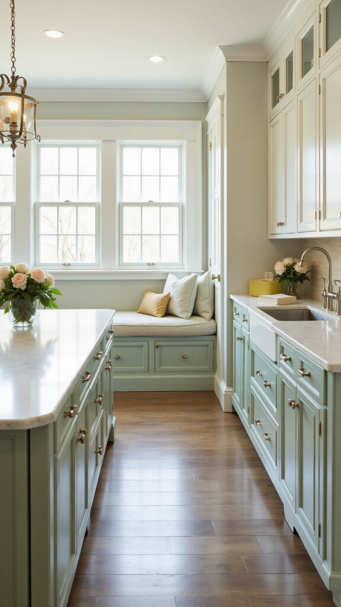 Sunlit kitchen with sage green lower cabinets, white uppers, marble countertops, brushed nickel hardware, large windows, and a built-in banquette breakfast nook.