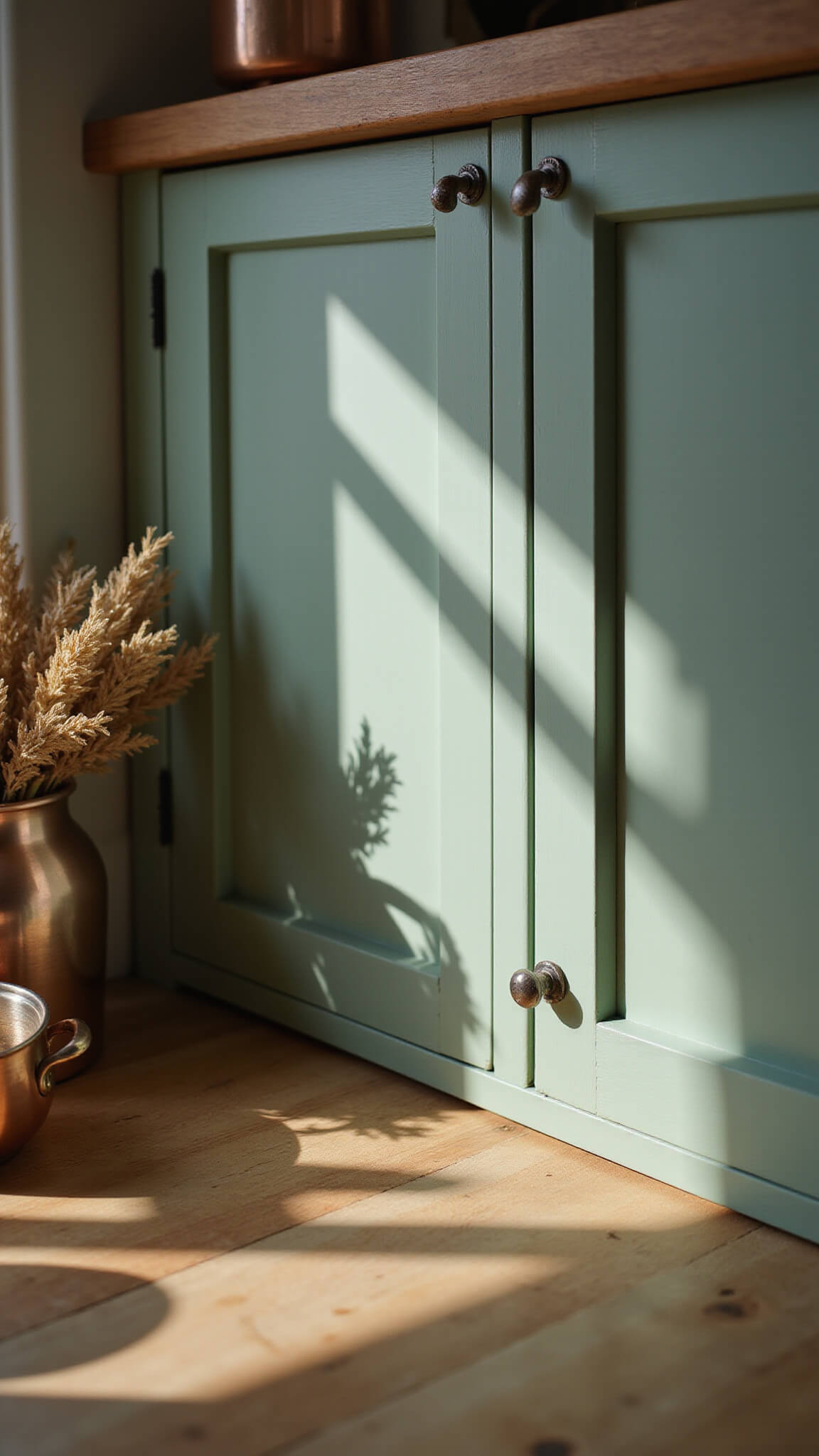 Close-up of sage green cabinet corner with butcher block countertop, highlighted by morning light, showing wood grain, copper cookware, dried herbs, and detailed hardware patina.