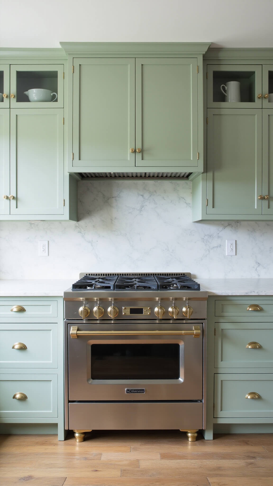 North-facing kitchen with sage green cabinets, brass-accented range, and marble backsplash in cool morning light.