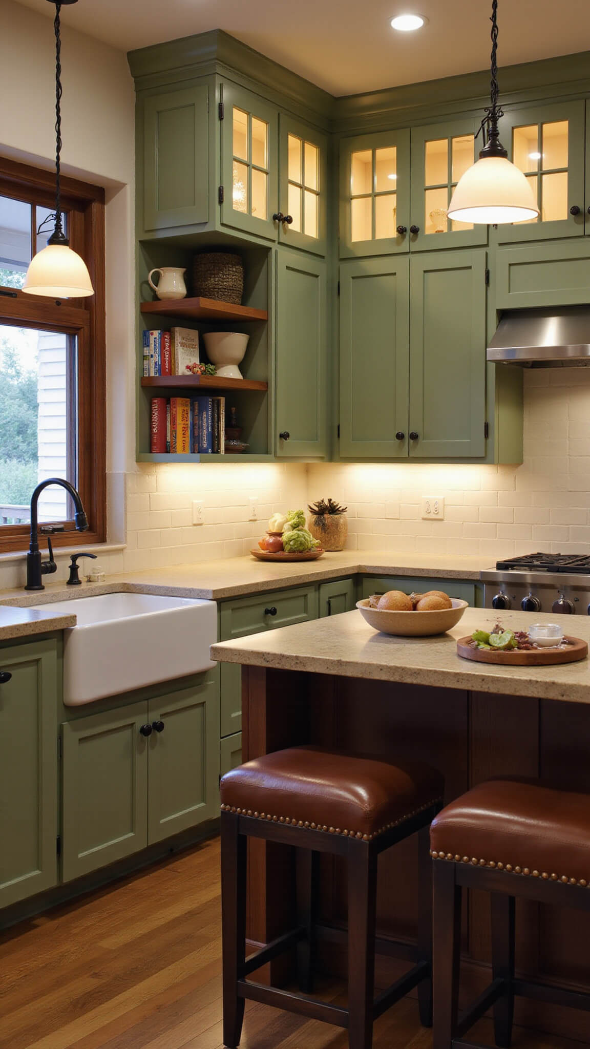Cozy kitchen corner at dusk with sage green cabinets, walnut accents, warm under-cabinet lighting, pendant lights over island, open shelves with vintage cookbooks and pottery, and leather barstools.