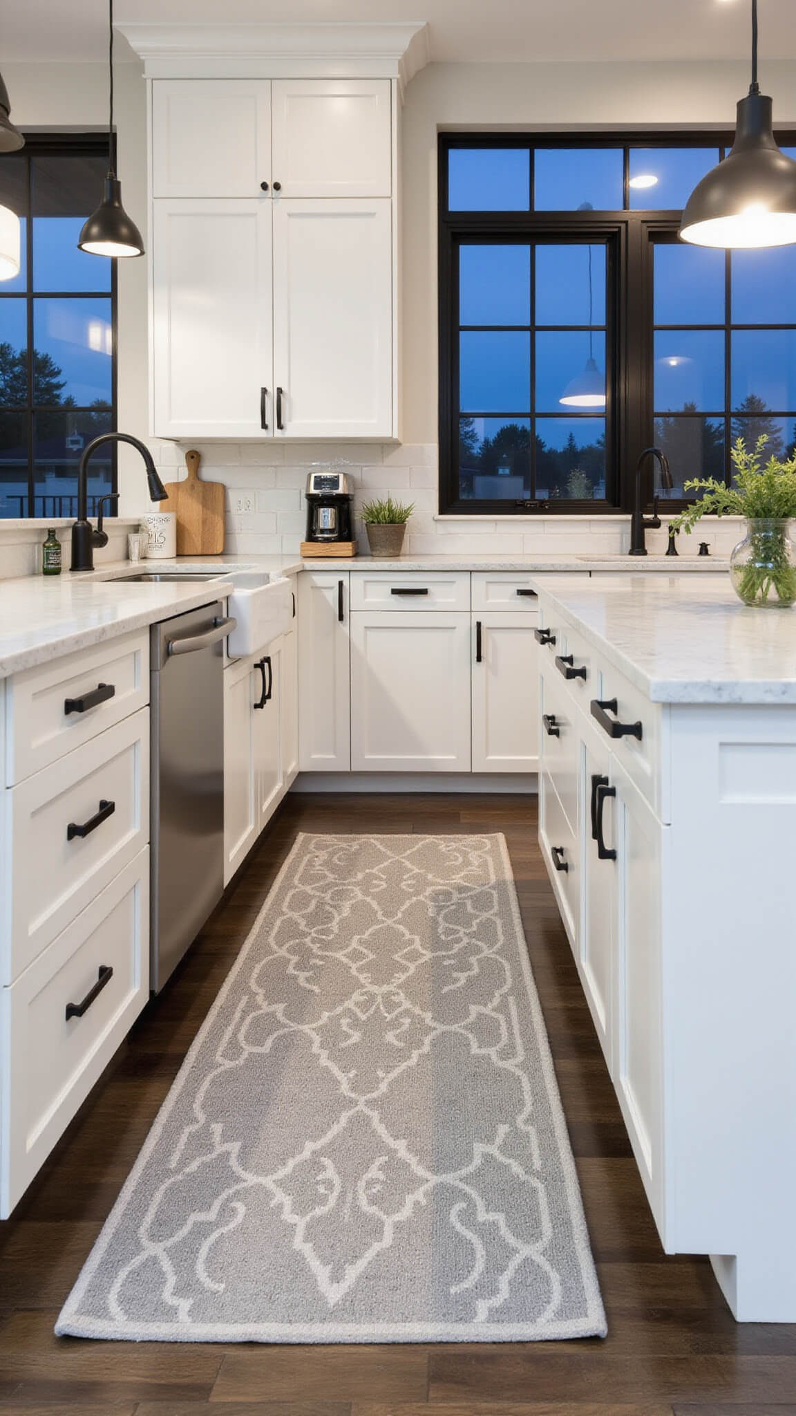 Low-angle view of modern farmhouse kitchen at dusk featuring gray and white geometric runner mat along marble island, with pendant lighting, black steel-framed windows, and white cabinetry with matte black hardware.