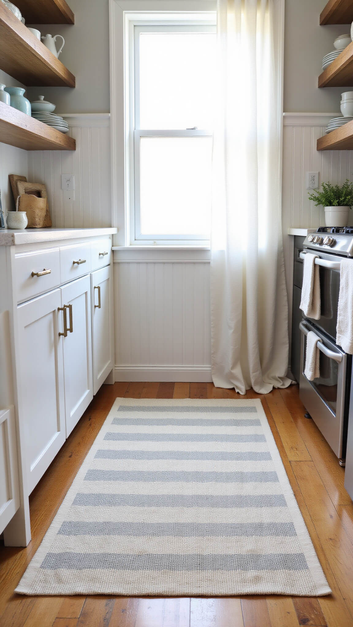 Striped farmhouse kitchen mat in cozy morning light with ironstone on oak shelves and beadboard walls.