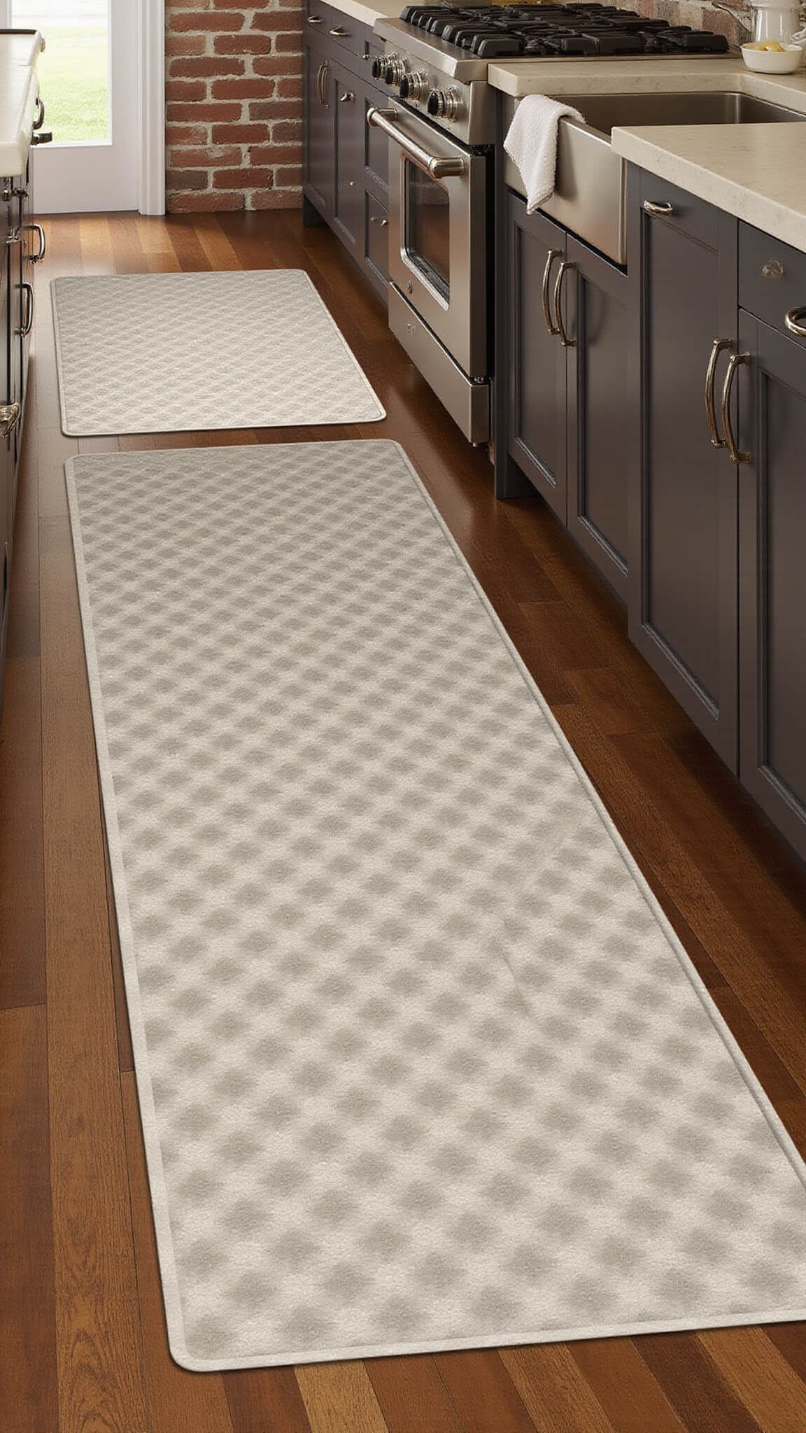 Coordinated farmhouse kitchen mats in cream and taupe on soapstone floor, with long afternoon shadows, brick backsplash, and commercial range in view.
