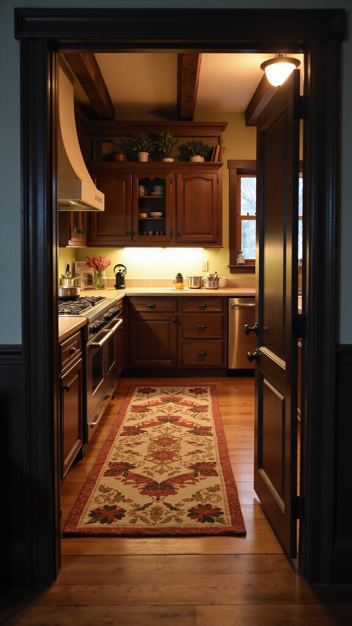 Moody evening kitchen with vintage patchwork farmhouse mat, warm lighting, exposed beams, and rustic cookware.