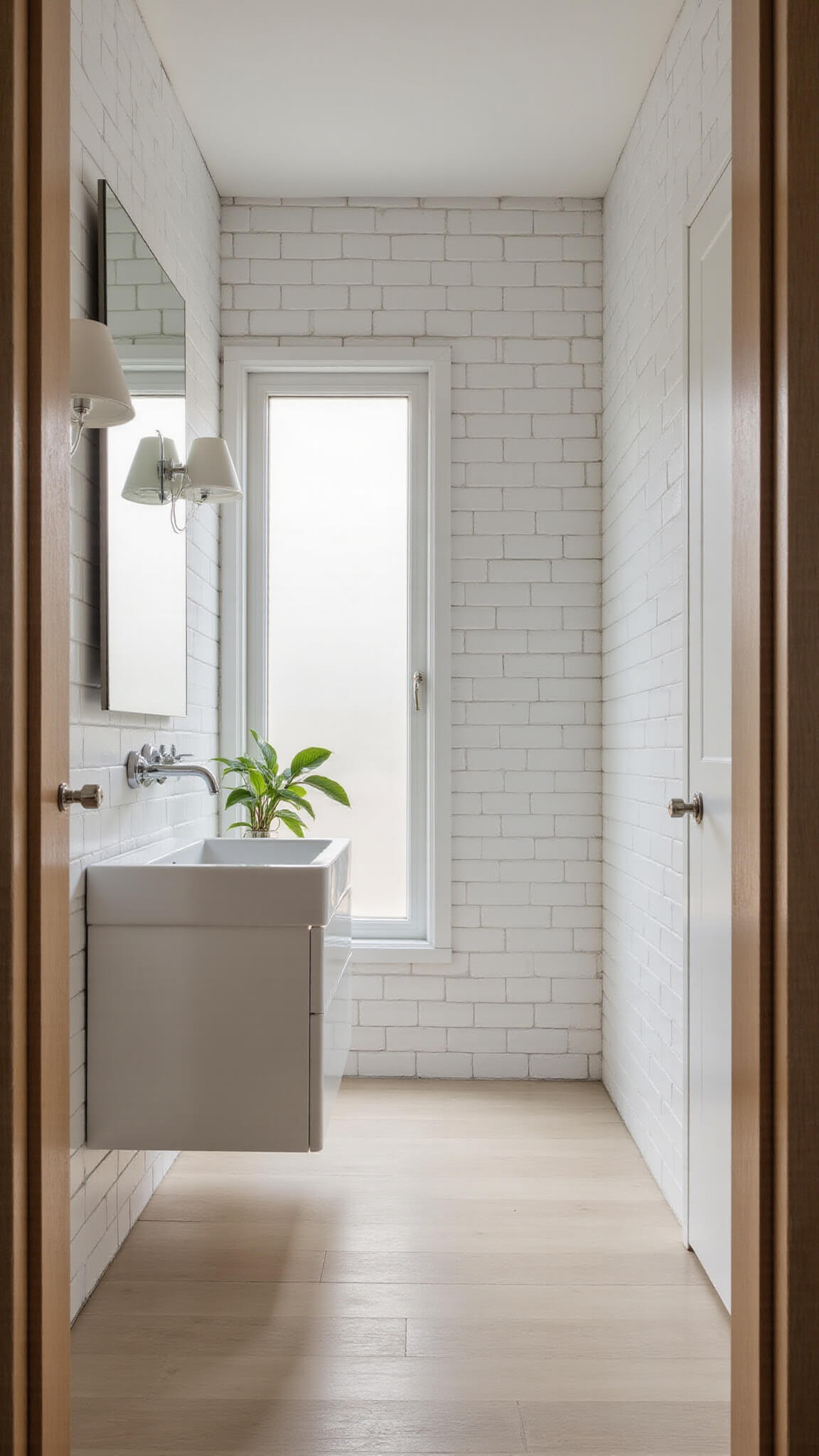 Minimalist 6x8ft bathroom with white subway tiles, chrome fixtures, floating vanity, large frameless mirror, and frosted window reflecting golden hour light.
