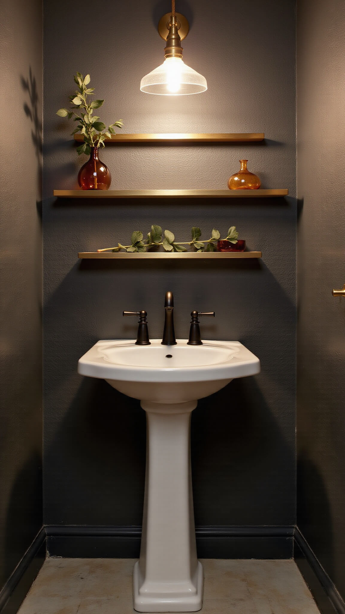 Intimate 5x5ft powder room at dusk with floating brass shelves, dramatic pendant light, charcoal wallpaper, white pedestal sink with black faucet, amber glass accents, and eucalyptus sprig.
