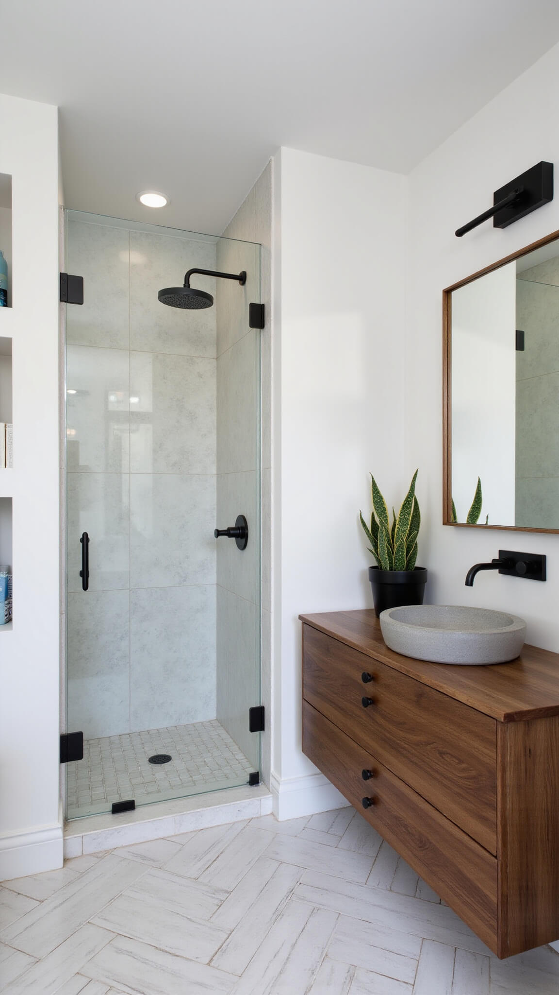 Compact bathroom with herringbone marble floor, glass walk-in shower, LED-lit wall niches, floating walnut vanity with concrete sink, and geometric mirror, accented by a green snake plant.