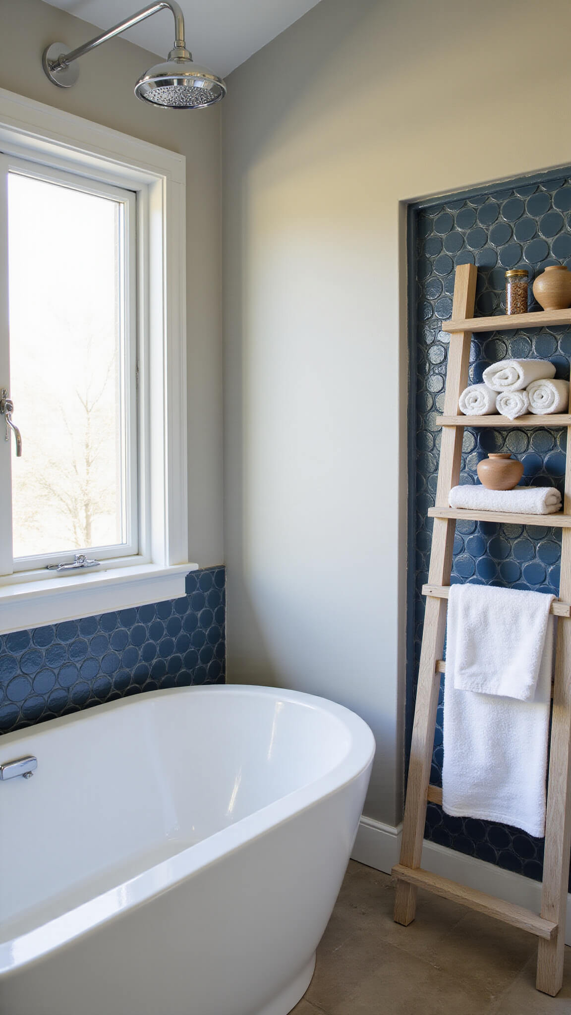Modern spa-style bathroom with freestanding tub against navy penny tile wall, chrome rainfall shower, white oak ladder shelf with towels and clay vessels, lit by soft midday natural light.