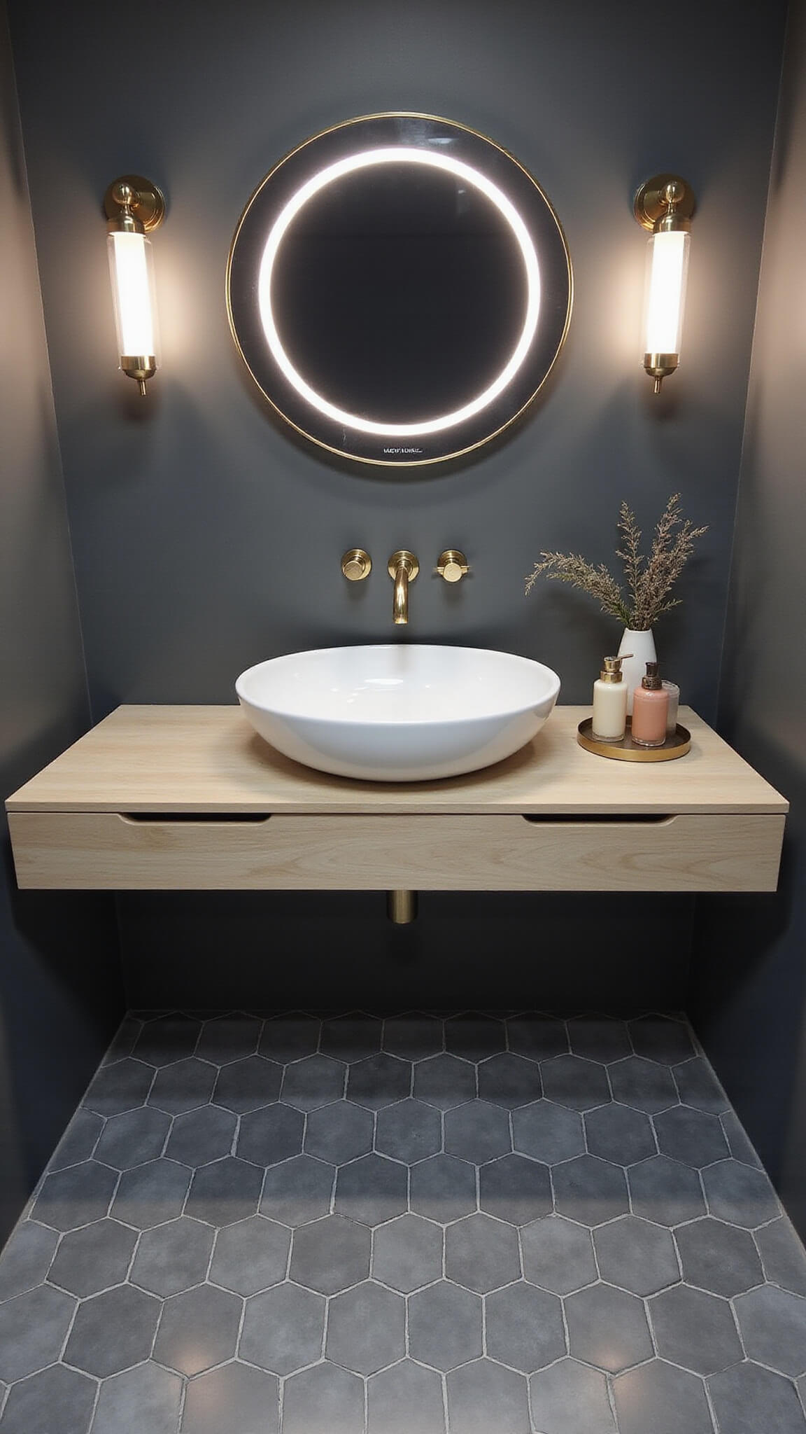 High-angle view of a petite 5x7ft urban bathroom with gray ombré hexagonal tiles, brass sconces, LED-lit round mirror, and a bleached oak floating shelf displaying minimalist cream and blush accessories under moody blue hour lighting.